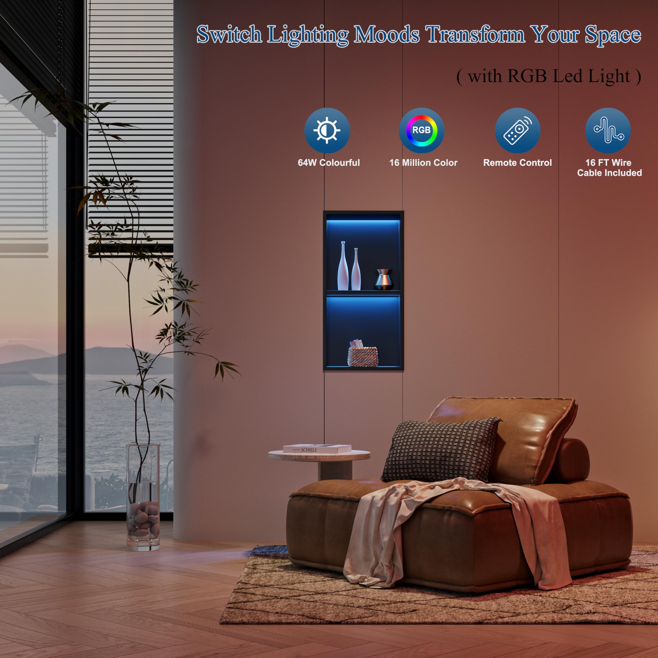 Ducha de pared de acero inoxidable con luz LED RGB, doble nicho de ducha negro con mando a distancia, 20 modos de iluminación IP68, almacenamiento para baño, 60 x 30 cm