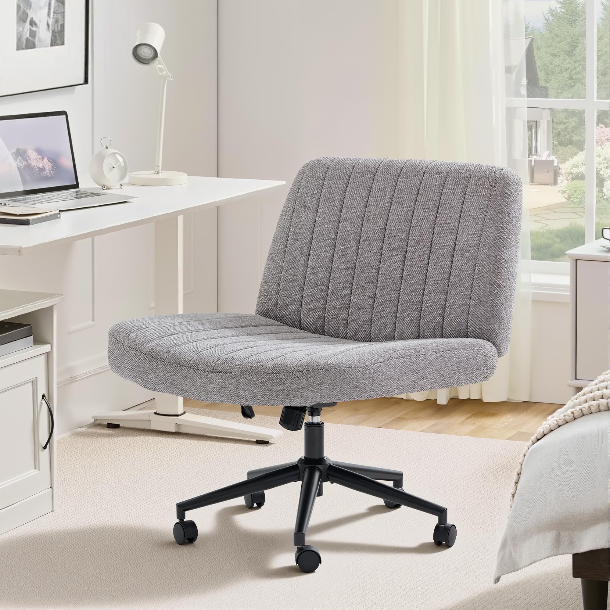 NEWBULIG Wide Seat Home Office Desk Chair Armless, Cross Legged Ergonomic Chair for Bedroom or Study, Adjustable Height Swivel Vanity Chair with