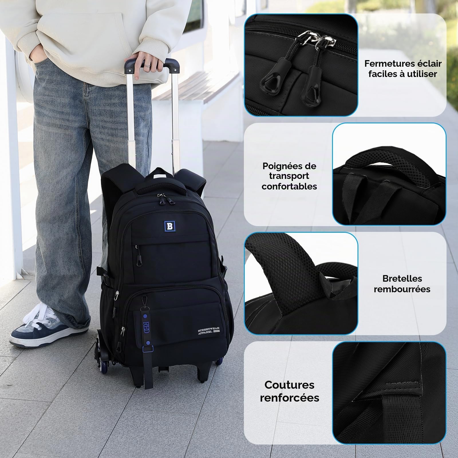 Amythe Sac à Dos à Roulettes pour Enfants Adolescents, Sac Ecole College pour Garçon avec Chariot, 31 L Sac D'école Garçon Léger à la mode, Cartable à Roulettes pour les 9-18 ans, Noir