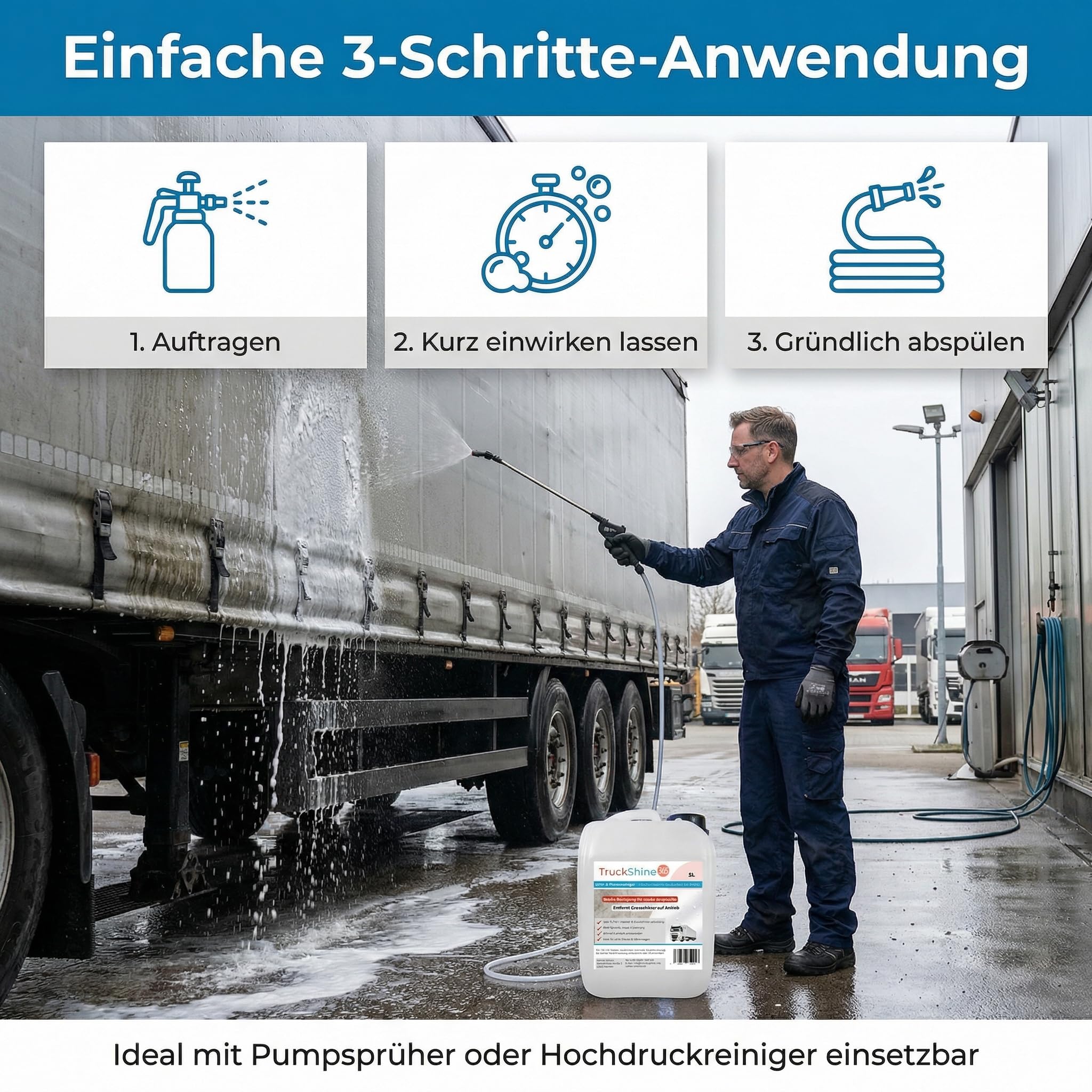 TruckShine365 LKW Reiniger & Planenreiniger Konzentrat, 5L Kanister | Alkalischer LKW Außenreiniger, Gegen Grauschleier, Öl, Fett & Insekten, Verdünnbar bis 1:10, Profi-Qualität