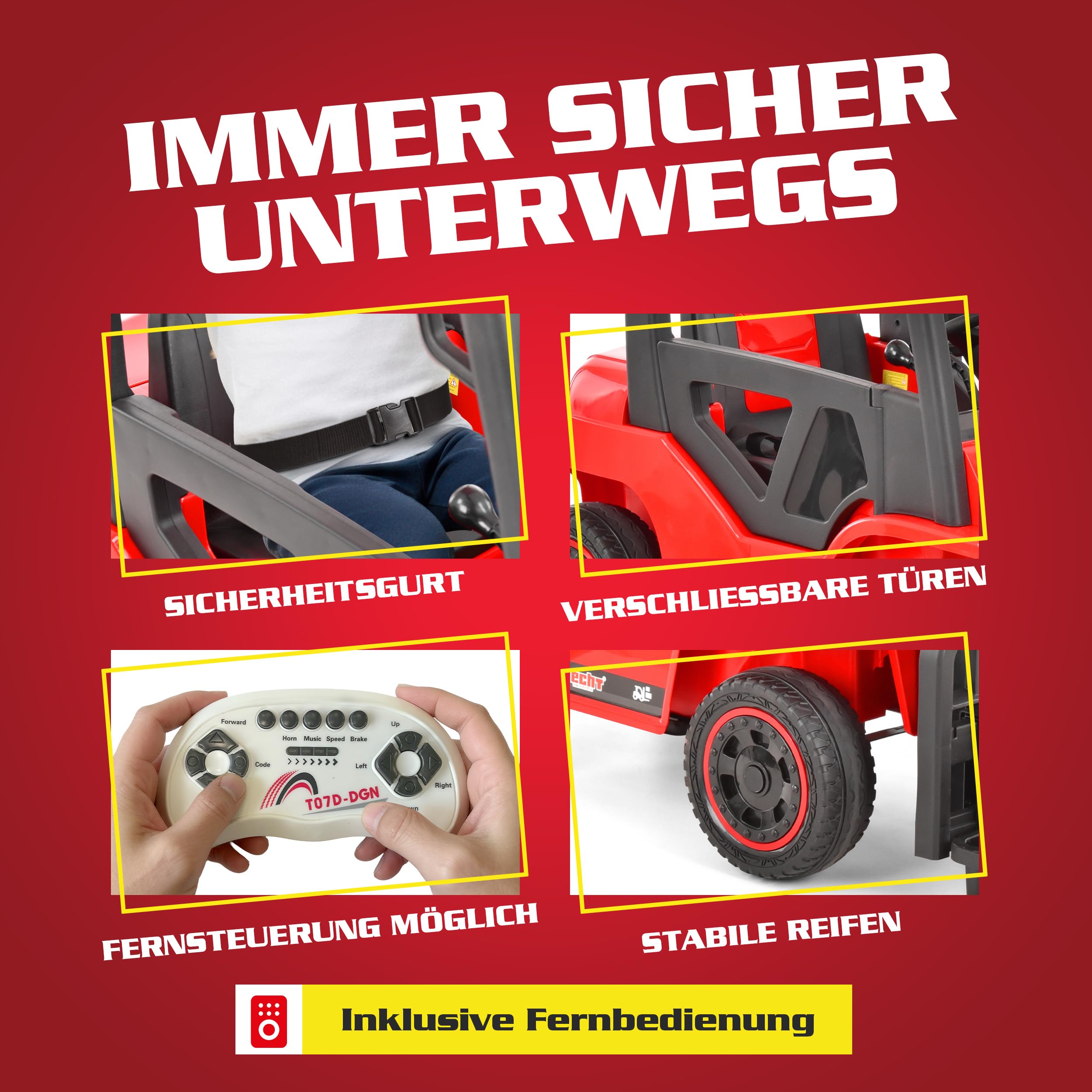 HECHT Kinder Elektro Gabelstapler 12V rot mit Fernbedienung | 2x40 W Motoren, ferngesteuertes Kinderfahrzeug ab 3 Jahre, bis 6 km/h, inkl. Palette und 35 kg Traglast