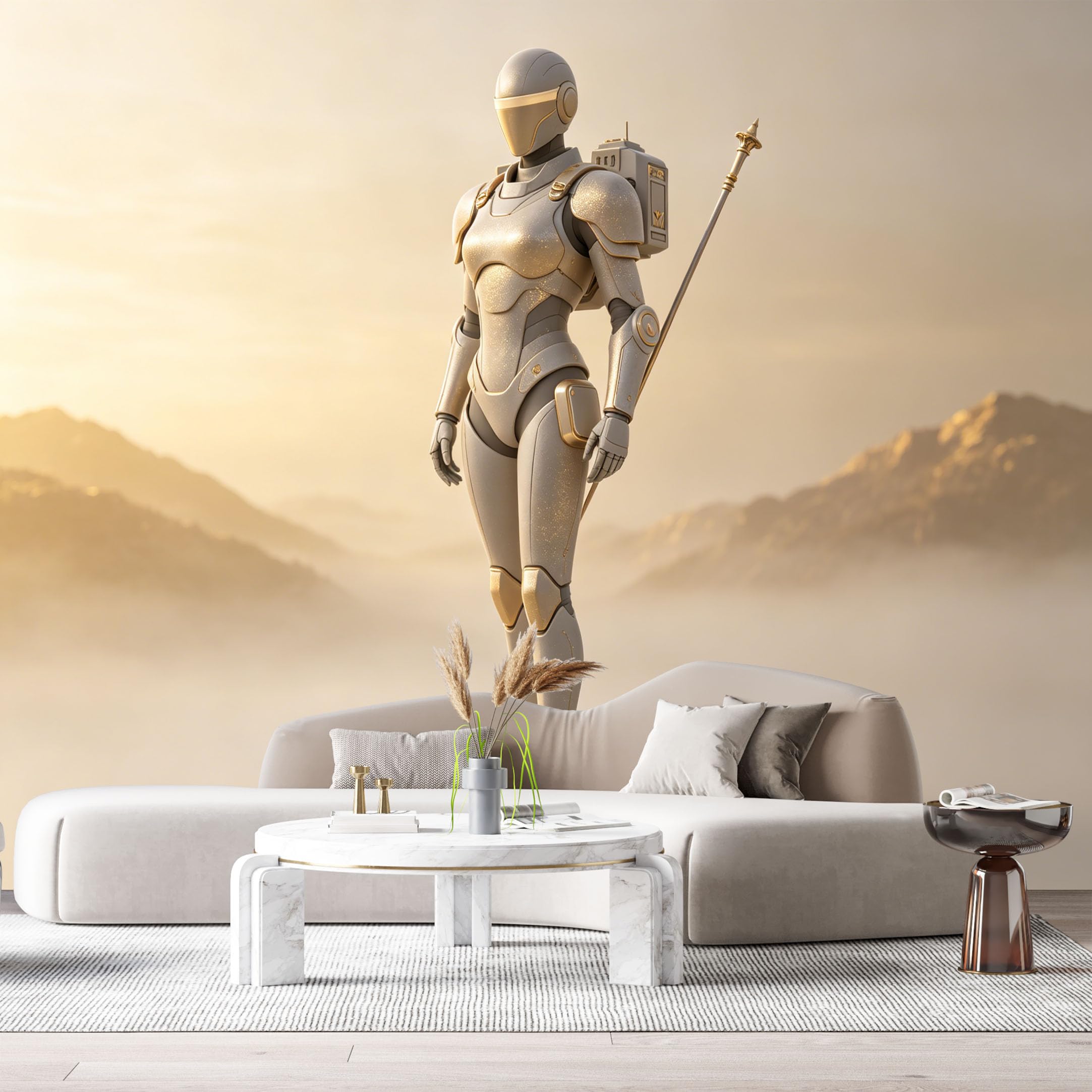 Custom Size Wall Mural Futuristic Armored Warrior SciFi Robot Minimalist Metal Mech Neon Style SelfAdhesive Art Prints Removable Large Wallpaper Esports Room Game Room Tenant Room Studio
