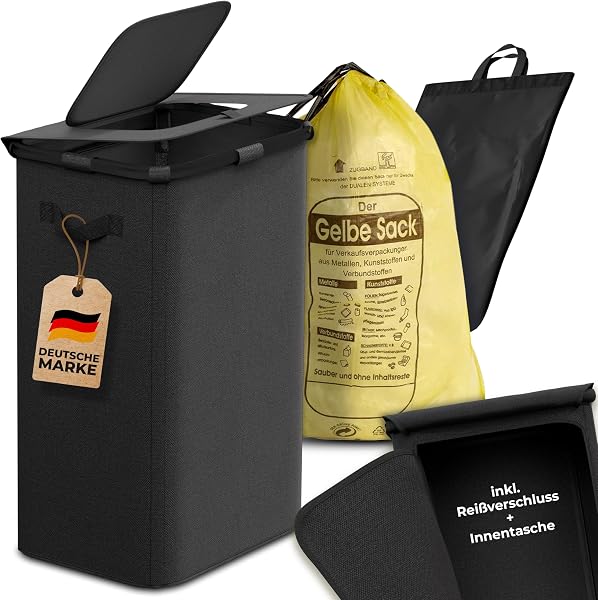 COTTARA® gelber Sack Ständer Mülleimer mit Deckel magnetisch Müllsackständer für Gelber Säcke mit Metallrahmen und Reißverschluss auf Rückseite, 60-120L Behälter Müllsystem (Schwarz Schwarz) - 1
