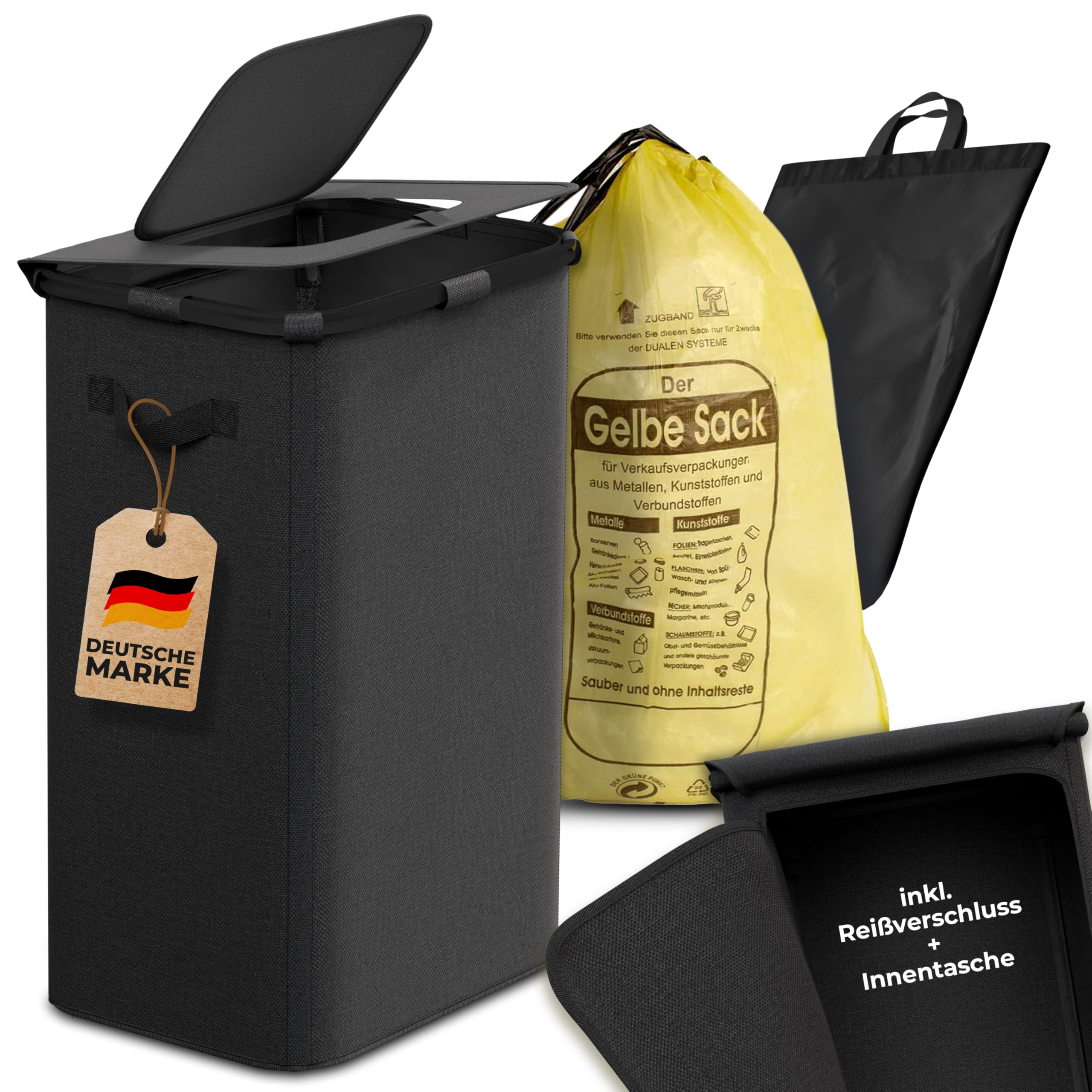 COTTARA® Gelber Sack Ständer Mülleimer mit Deckel magnetisch 60-120L Müllsystem Schwarz