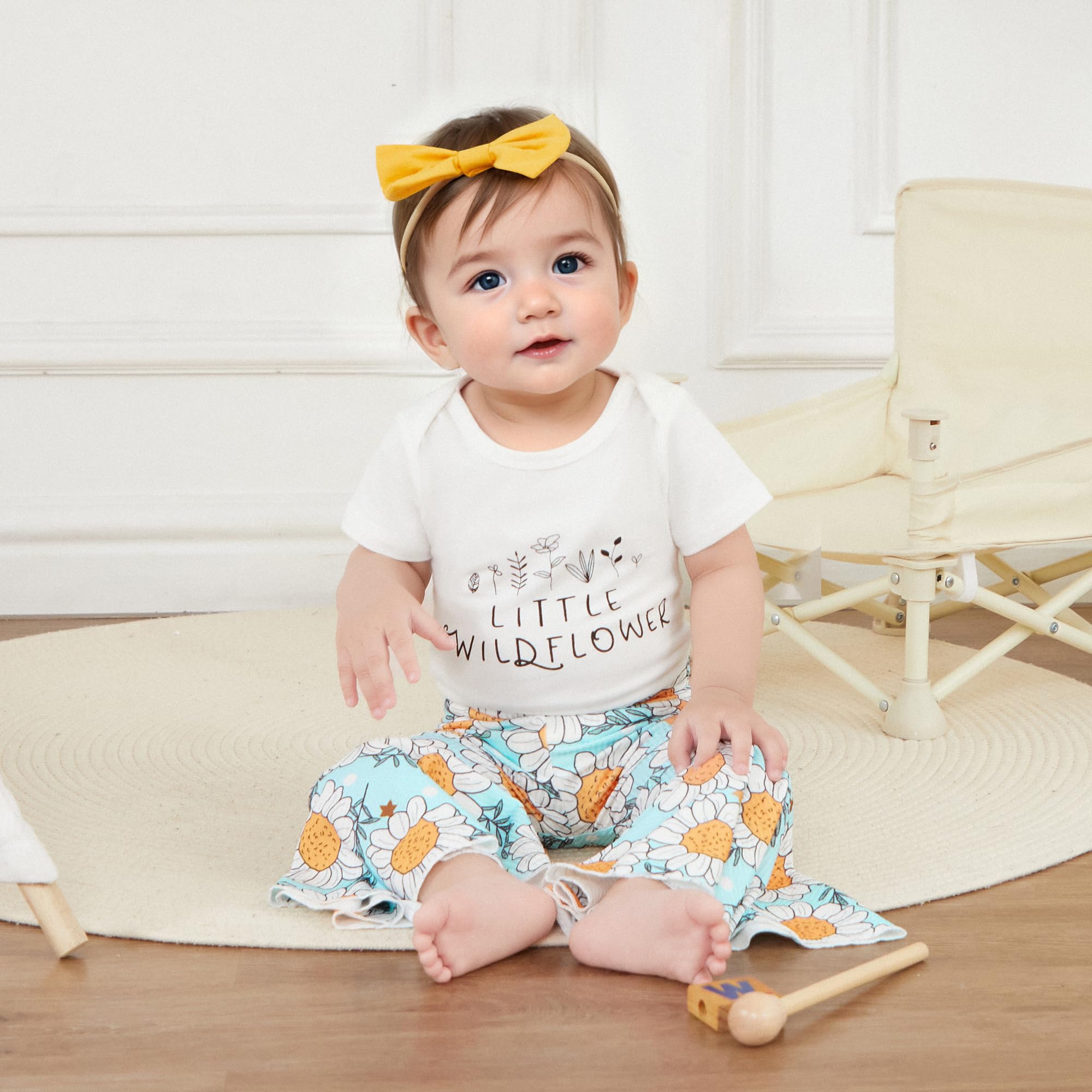 Engofs Newborn Baby Girl Clothes Short Sleeve Letter Print Romper Flare Pants Headband 3Pcs Infant Boho Summer Outfits White 0-6 Months
