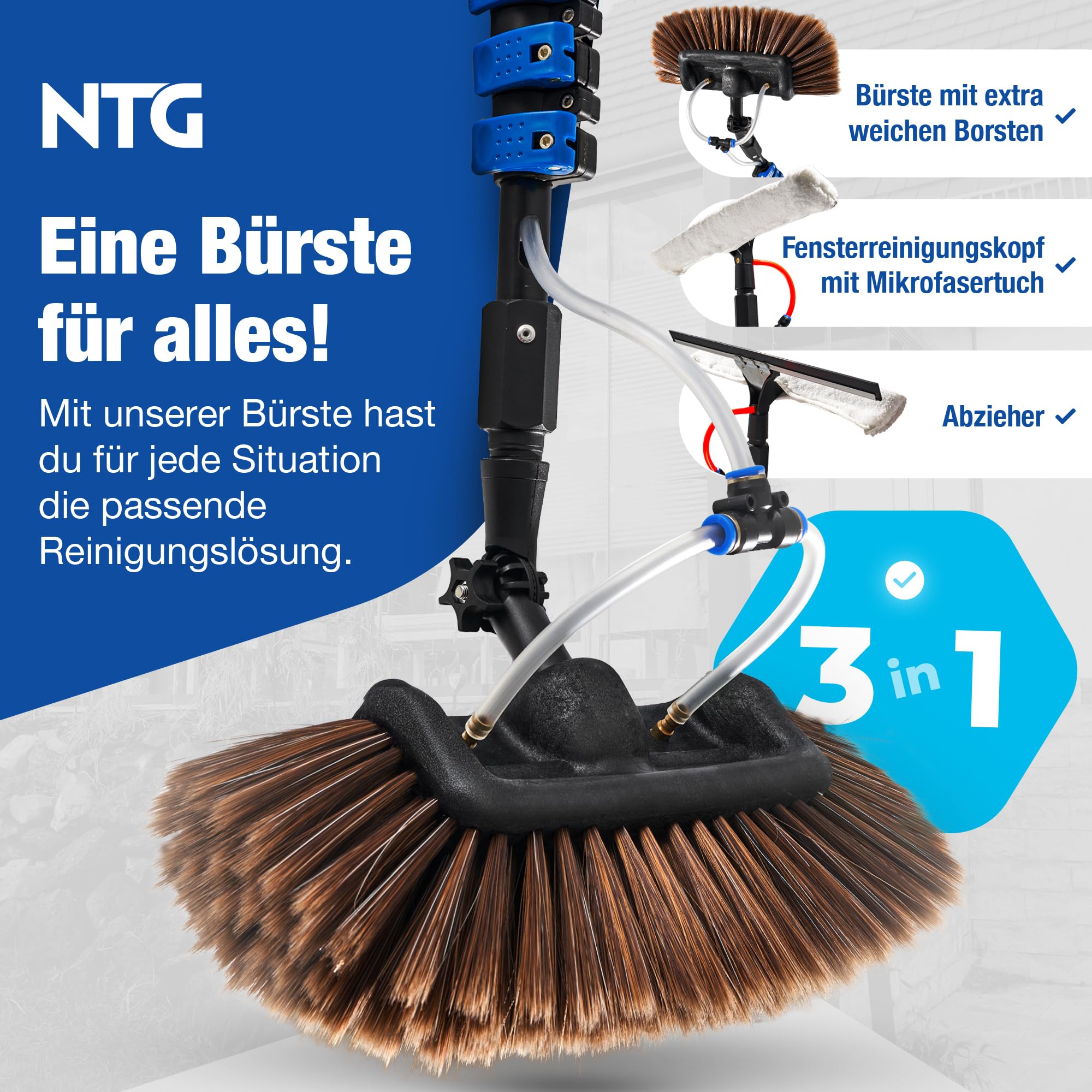 NTG Teleskop Waschbürste 4,6m 3-in-1 Bürstenkopf mit extra weichen Borsten | Mikrofasertuch & Abzieher + Wasseranschluss | Wintergarten Reinigungsset PV Anlage Reinigung Waschbürste mit Teleskopstiel