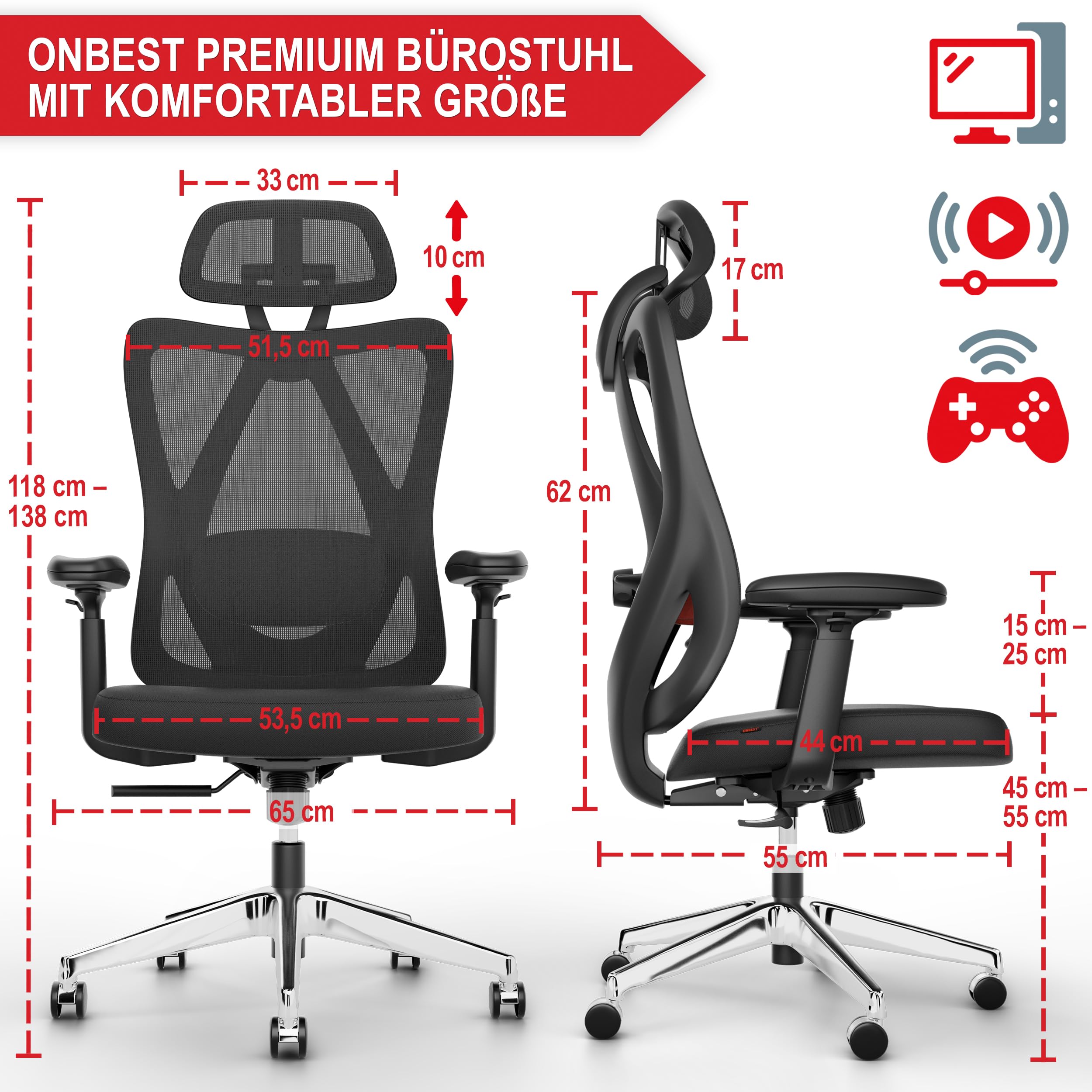 Onbest Bürostuhl ergonomisch – Mesh-Stuhl mit Lordosenstütze | Homeoffice- und Büro-Drehstuhl mit Kopfstütze, Armlehnen, breiter Sitzfläche, leisen Rollen und bis 150 kg belastbar