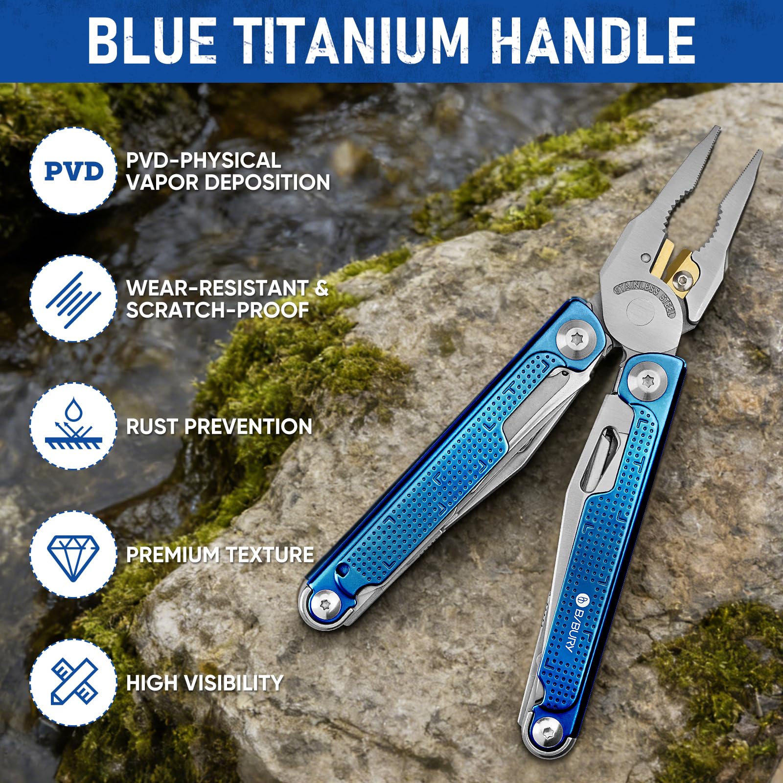 BIBURY Multiherramientas, alicates plegables con mango de titanio azul,regalo para hombres, navaja multiusos de acero inoxidable para el trabajo exterior, camping, reparación - Pro BI2049BL