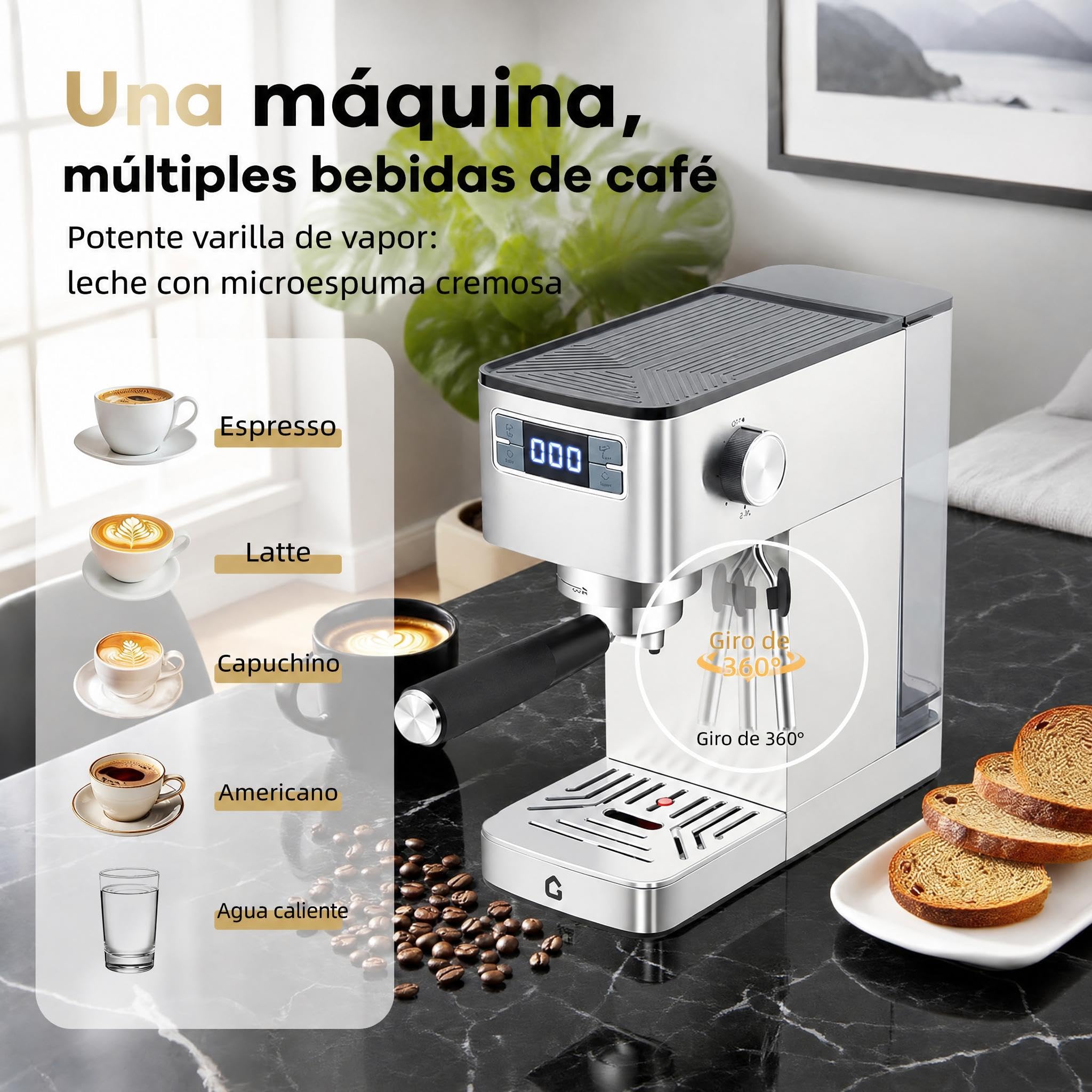 Garvee Máquina De Café Expreso De 15 Bares De Acero Inoxidable, Semiautomática Con Espumador De Leche,Diseño Compacto Depósito De Agua Extraíble De 1,4 l, Pantalla Digital, Perfecta Para Capuchi
