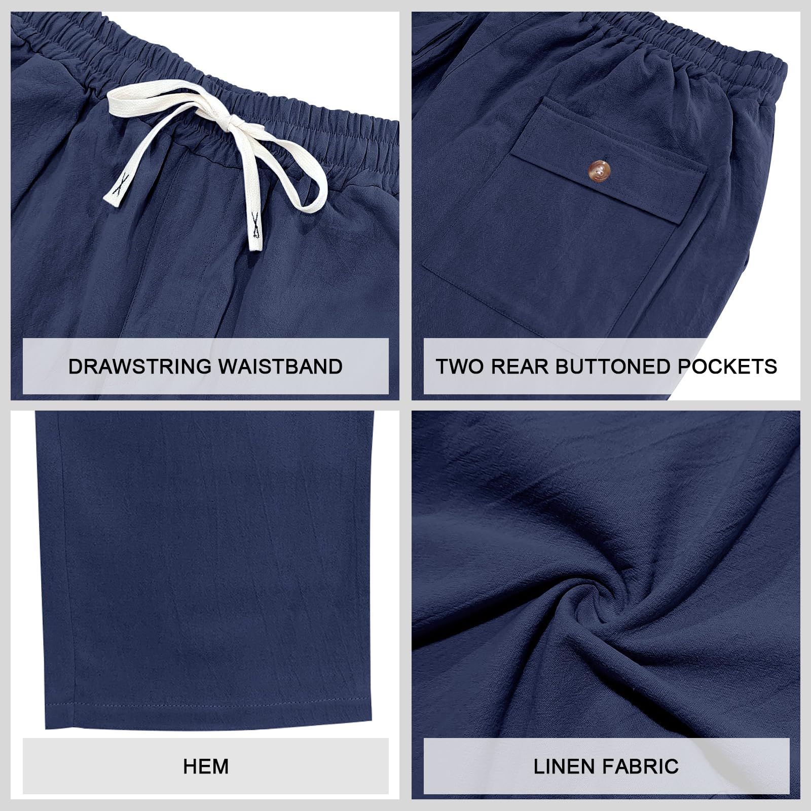 Pantalones de lino para hombre, casuales, de verano, para playa, cintura elástica, con cordón, ligeros, con bolsillos