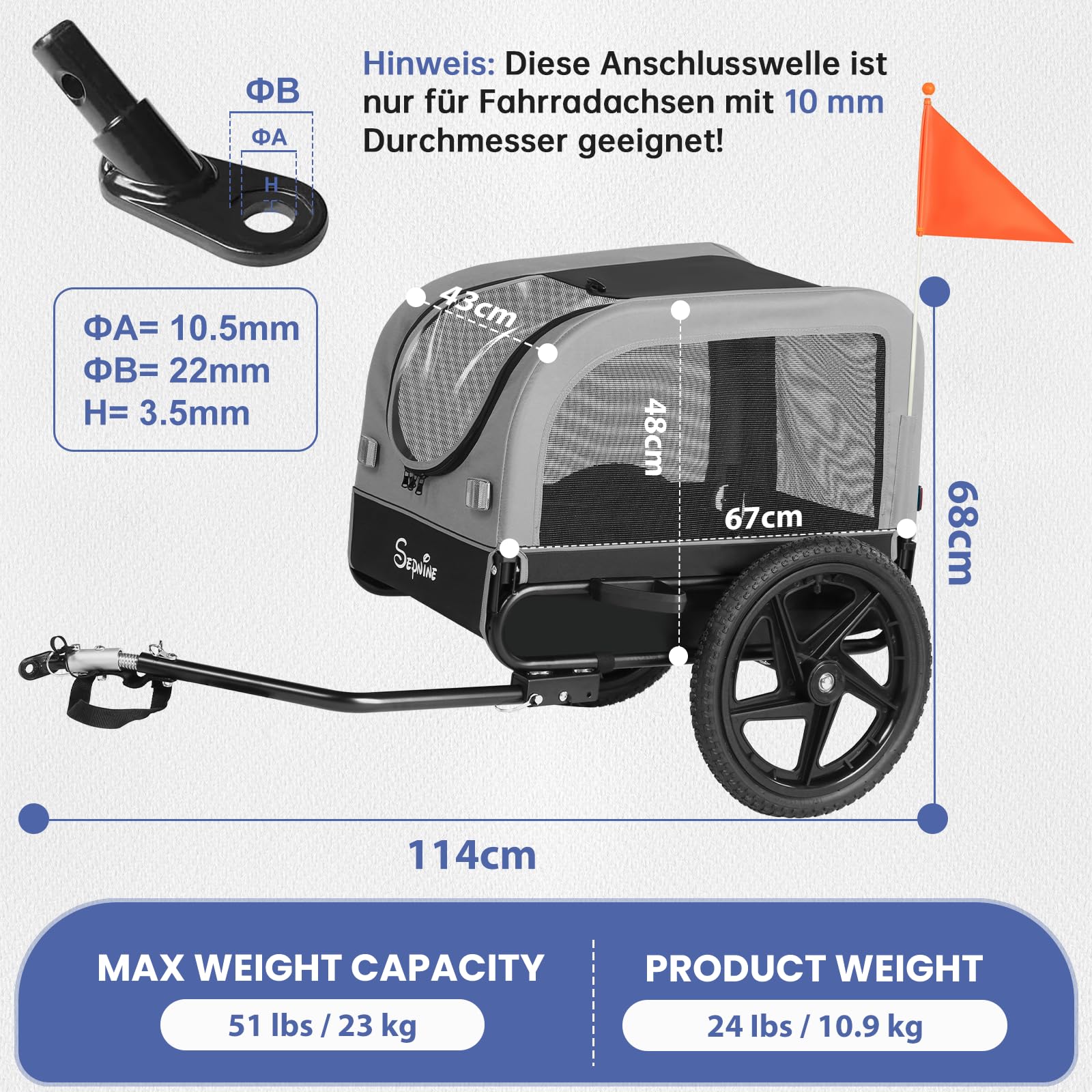 Remorque de vélo pour Chiens de Petite et Moyenne Taille, 23 kg, Pliable, avec Roues à dégagement Rapide, idéale pour Les randonnées à vélo et Les activités de Plein air