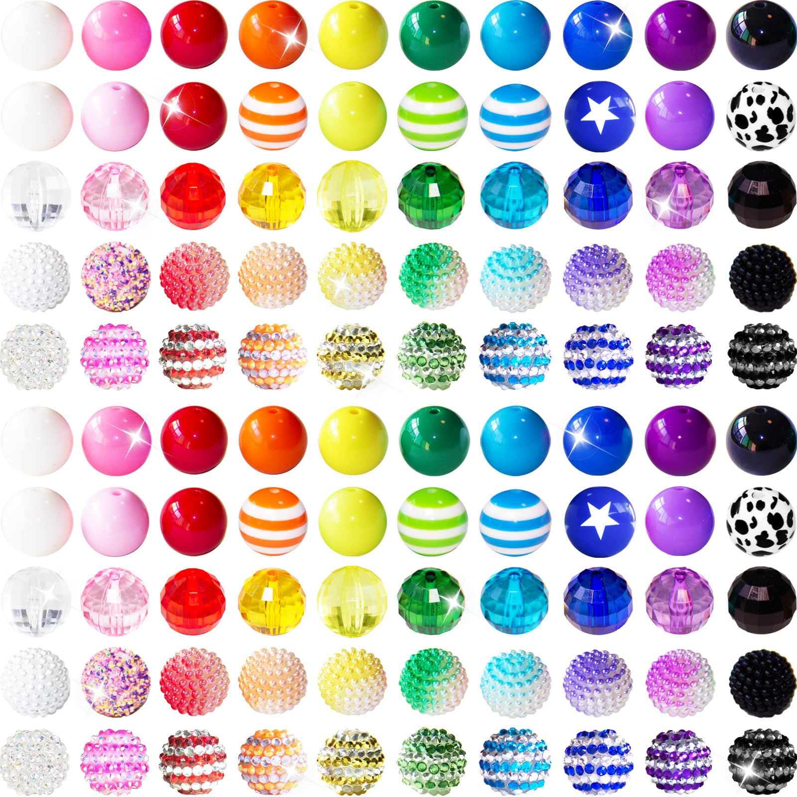 100Pcs 20mm Beads for Pens Making Rhinestone Beads Mixed Acrylic Bubblegum Bead Crystal Round Sparkly Chunky Bead for Pens Beadable Bracelet Necklace