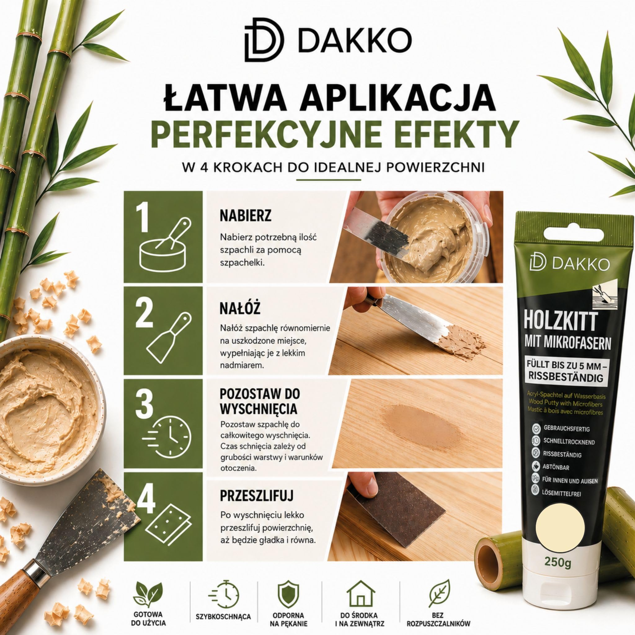DAKKO Szpachlówka do drewna, 250 g Jasna Sosna - masa szpachlowa do drewna z mikrowłóknem bambusowym, do naprawy mebli, drzwi i pęknięć, do środka i na zewnątrz, szybkoschnący, odporny na pękanie