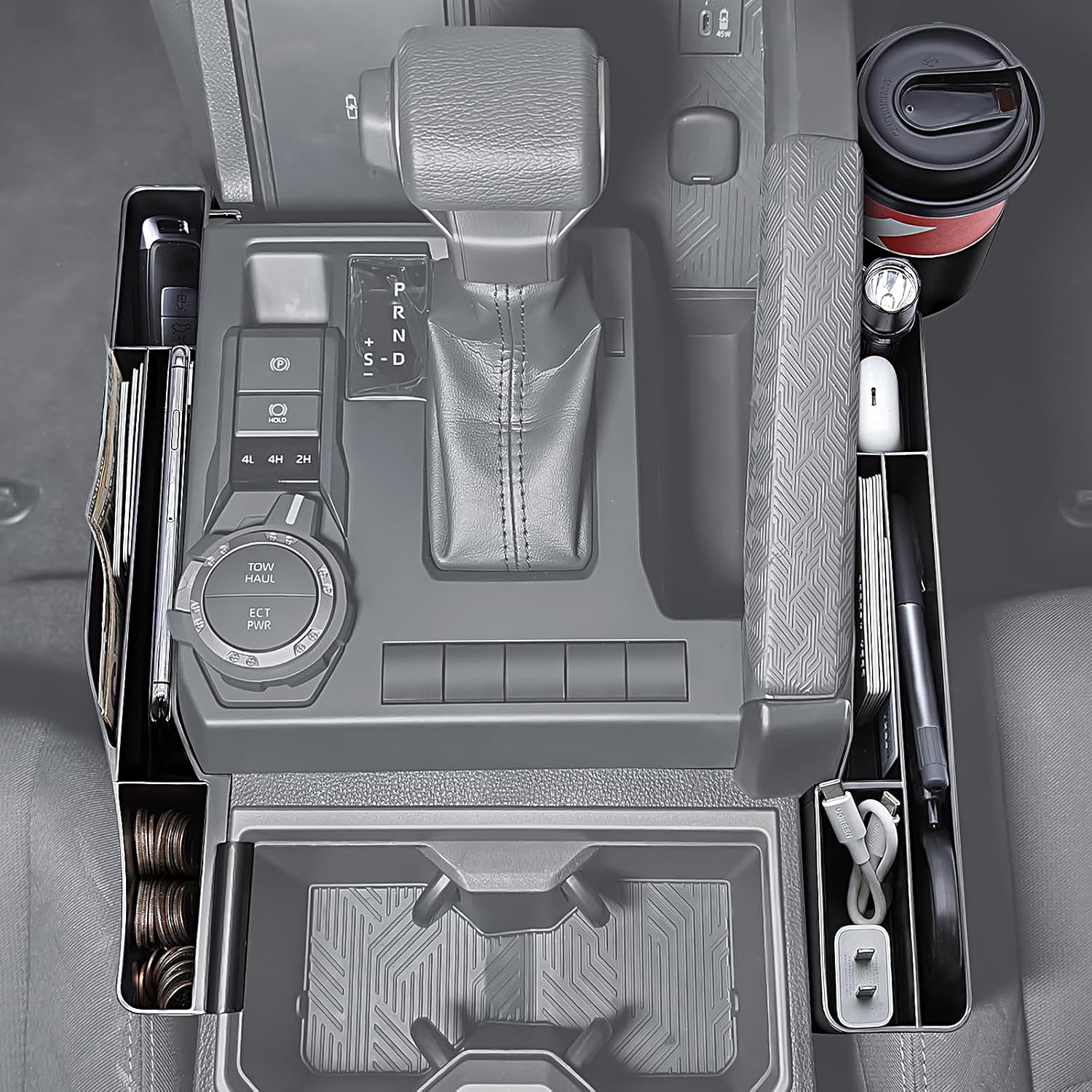 Center Consoles Organizer for Toyota Tacoma 2024-2025, Gear Shift Console Storage Box with Cup Holder for 2025 Toyota 4Runner Accessories Left Right Phone Pocket Gear Shift Side