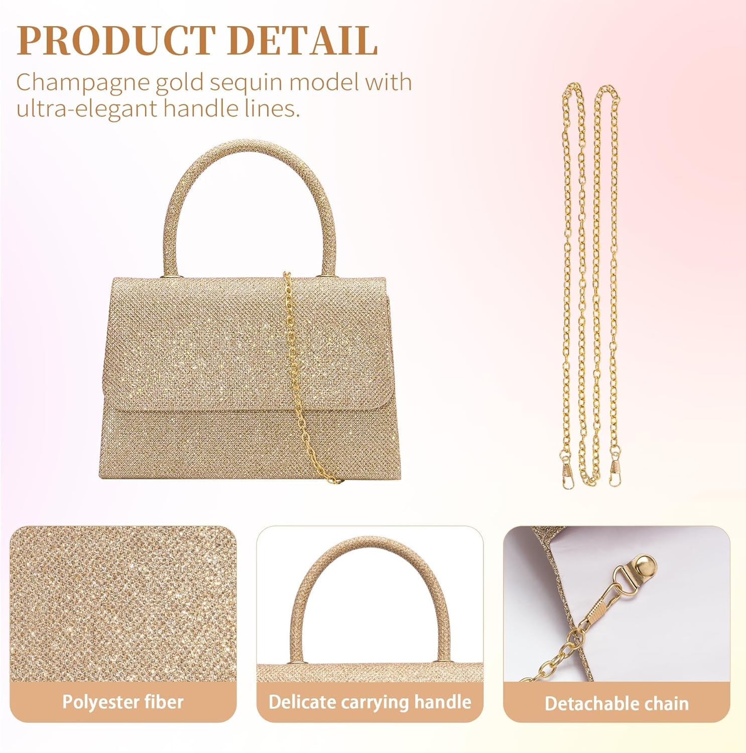 Larcenciel Women's Evening Handbags, Glitter Top Handle Evening Clutch Purse w/Chain for Party Prom Wedding Cocktail Club - Image 7