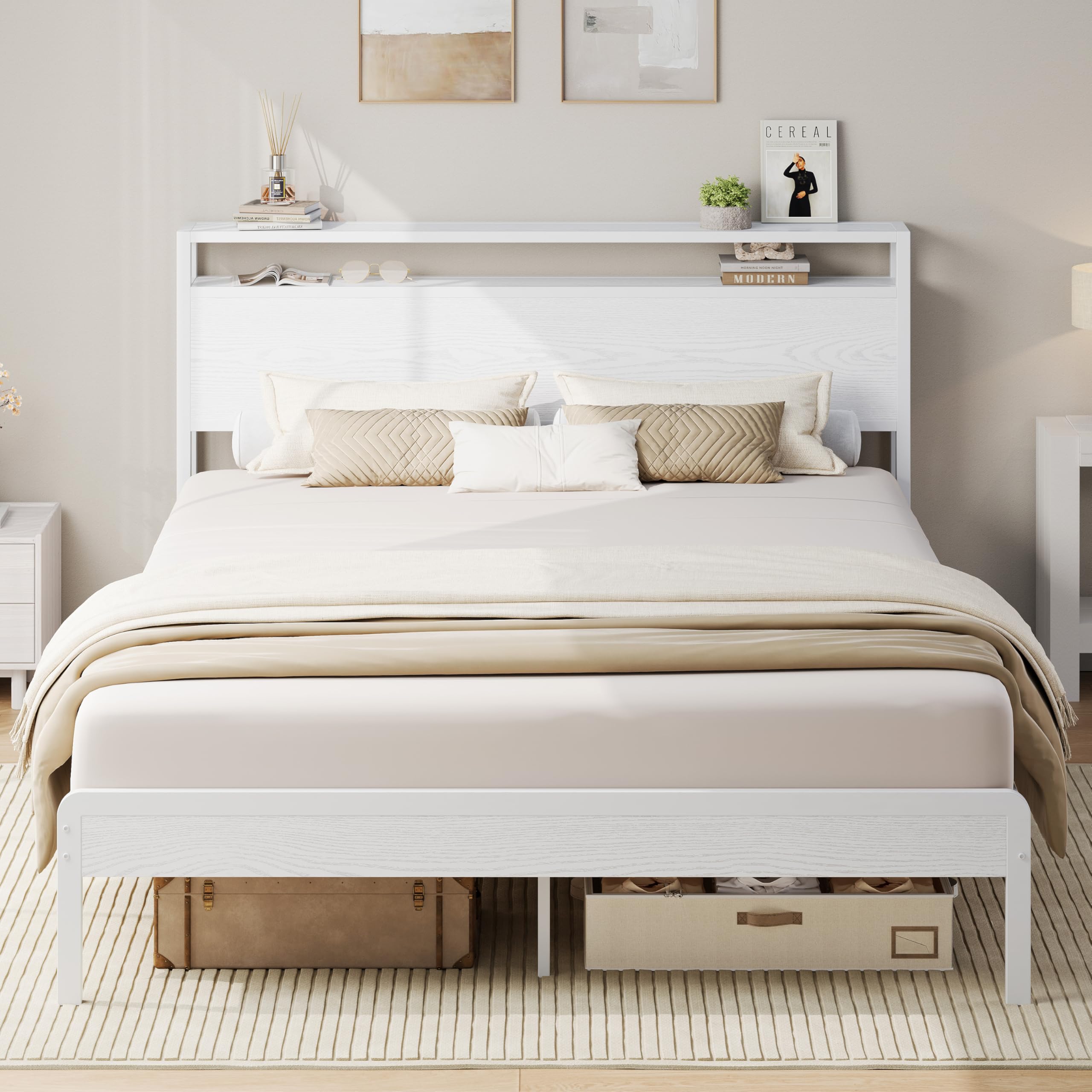 LIKIMIO Queen Bed Frame with Headboard, Wood Camas Queen with Strong Supports, Sturdy, Noise-Free, No Box Spring Needed, White