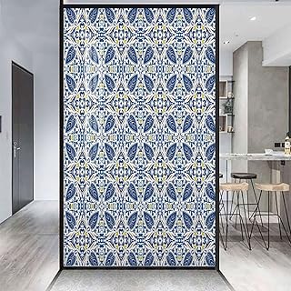 Blue Orange Yellow Window Film Privacy Window Film Frosted Glass Film Tiles Abstract Floral Swirl Motifs Privacy Sun Blocking Decorative Window Film Yellow Blue 23.6Wx35.4L-inch