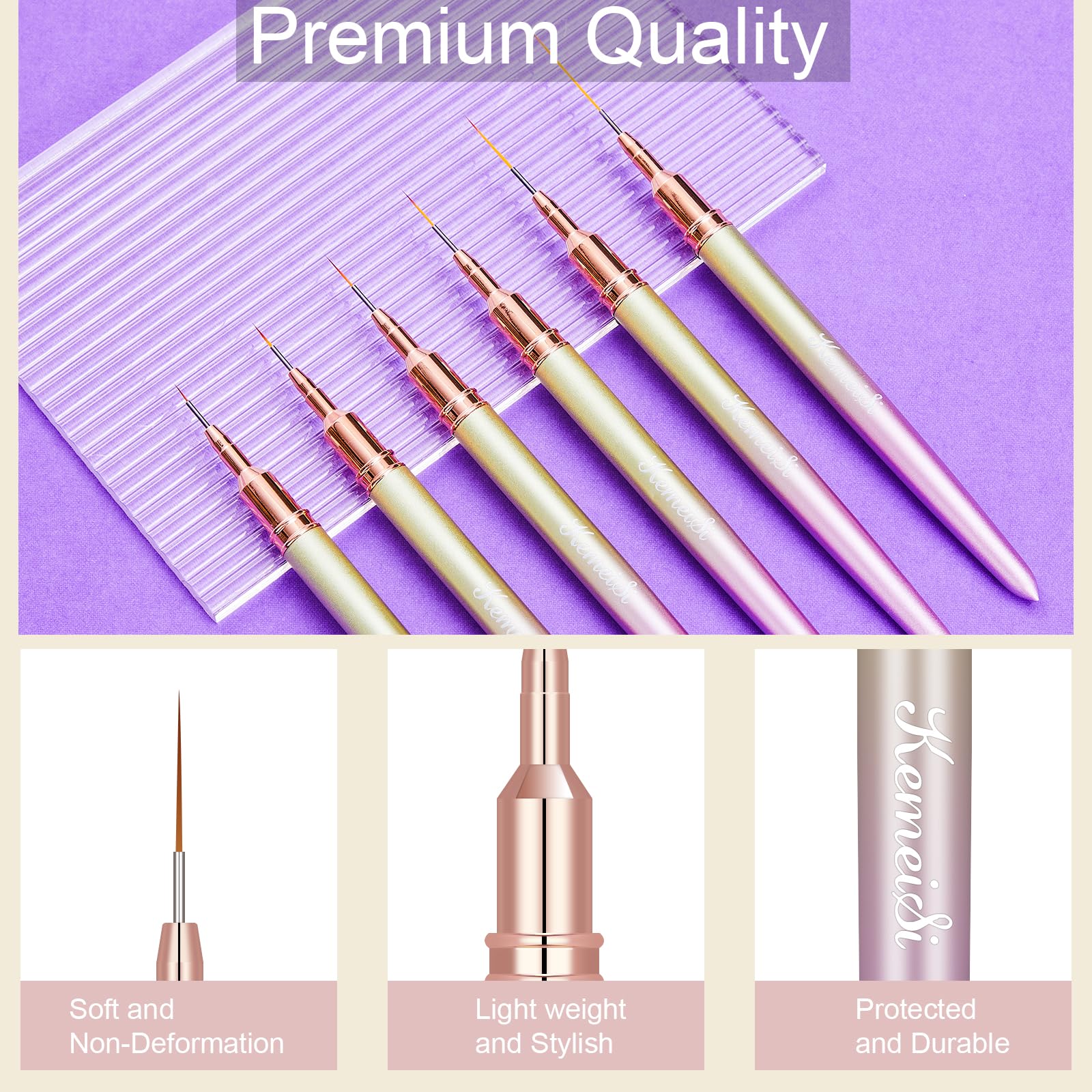 KEMEISI 6Pcs Nail Art Liner Brushes, Striping Nail Art Brush for Gel Polish Painting, Thin Detail Brush Fine Drawing Art Design Pen Size 5/7/9/11/15/25mm