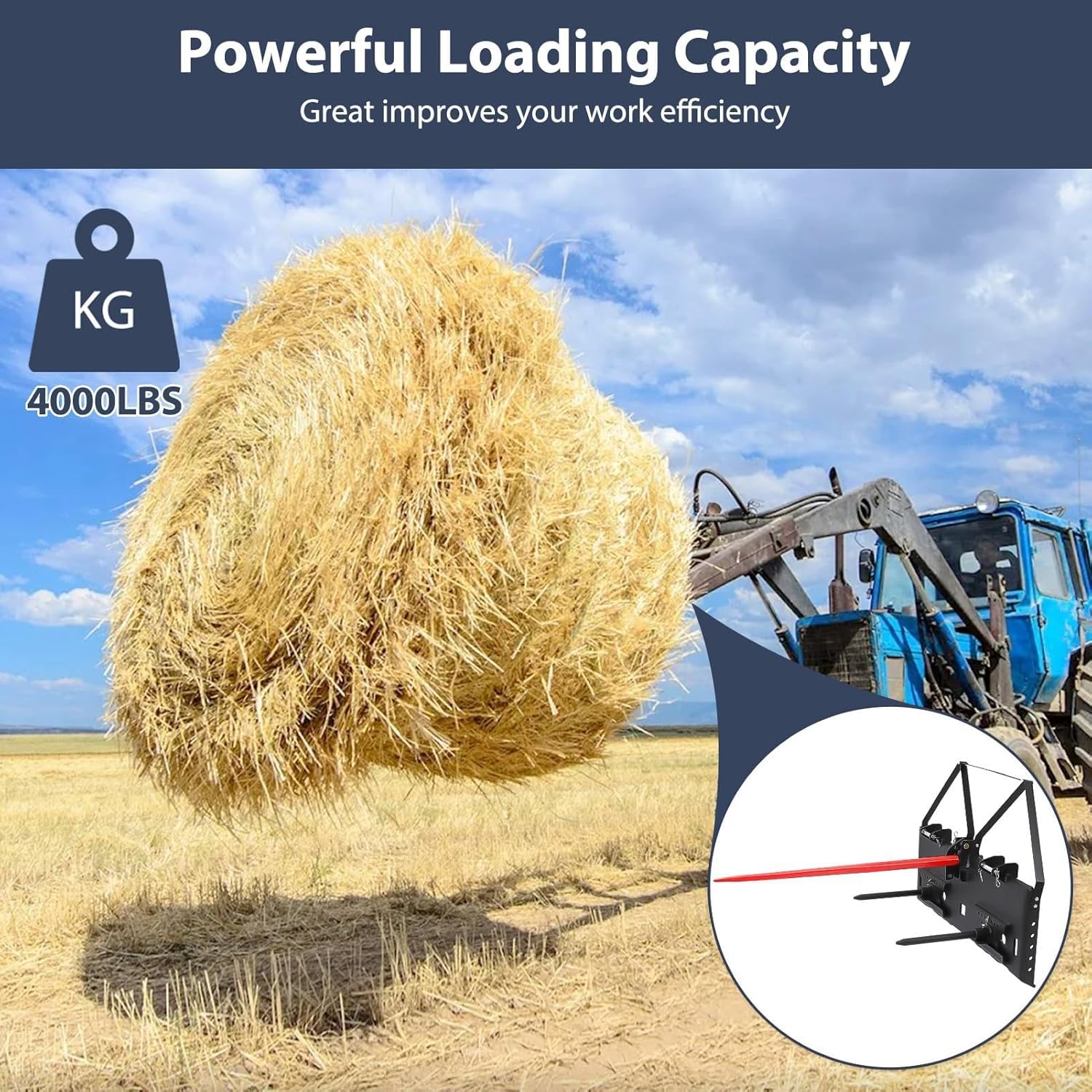 49" Hay Bale Spear, 4000 LBS Capacity Heavy Duty Square Bale Spike with Hex Nut & Sleeve, Quick Attach Replacement for Kubota Compact Loader, Tractor Bucket & 3-Point Skid Steer, Ideal for Round Bale