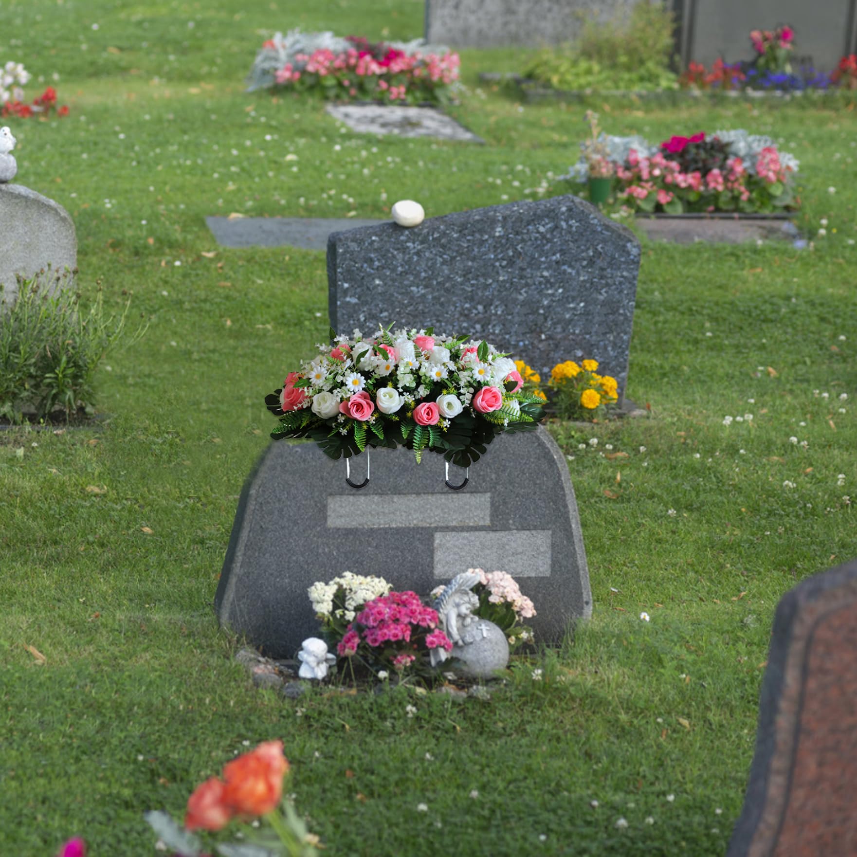 Fleurs de Tombe artificielles réalistes pour cimetière avec chrysanthèmes en Soie (64 x 47 cm) Style 1.