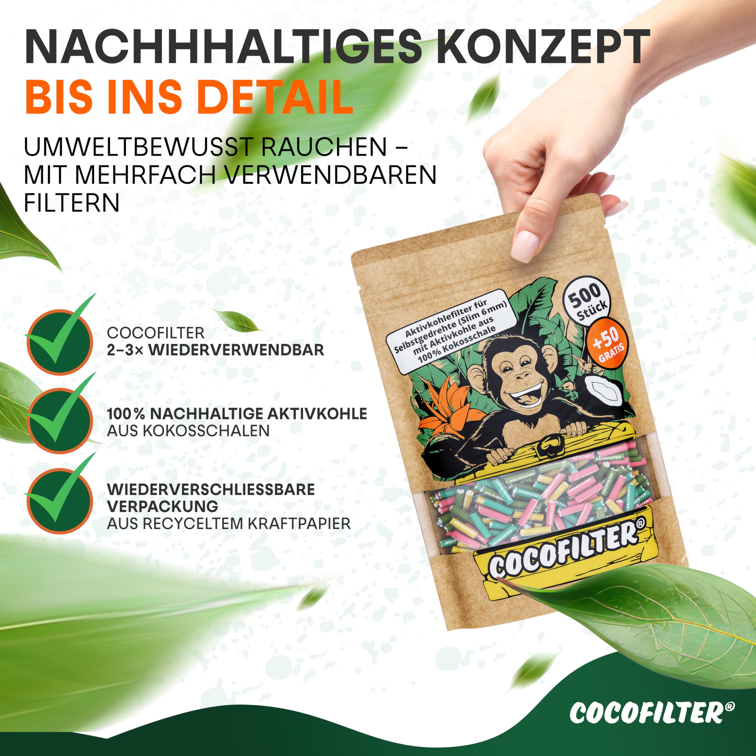 Filtr z węglem aktywnym, 6 mm, z skorupy kokosowej [500 + 50 szt.] – 550 cienkich końcówek z naturalnego węgla aktywnego z skorupy kokosowej do samodzielnego skręcania papierosów, po 27 mm