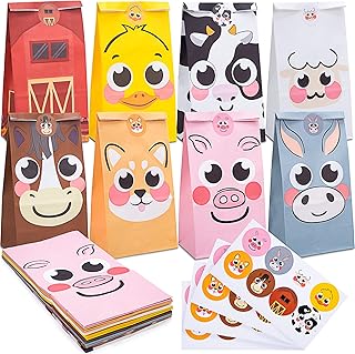 LOVESTOWN 32PCS Farm Animal Party Favor Bags, Goodie Bags with Stickers Treat Bags for Farm Birthday Party Baby Shower Barnyard Gift Bags