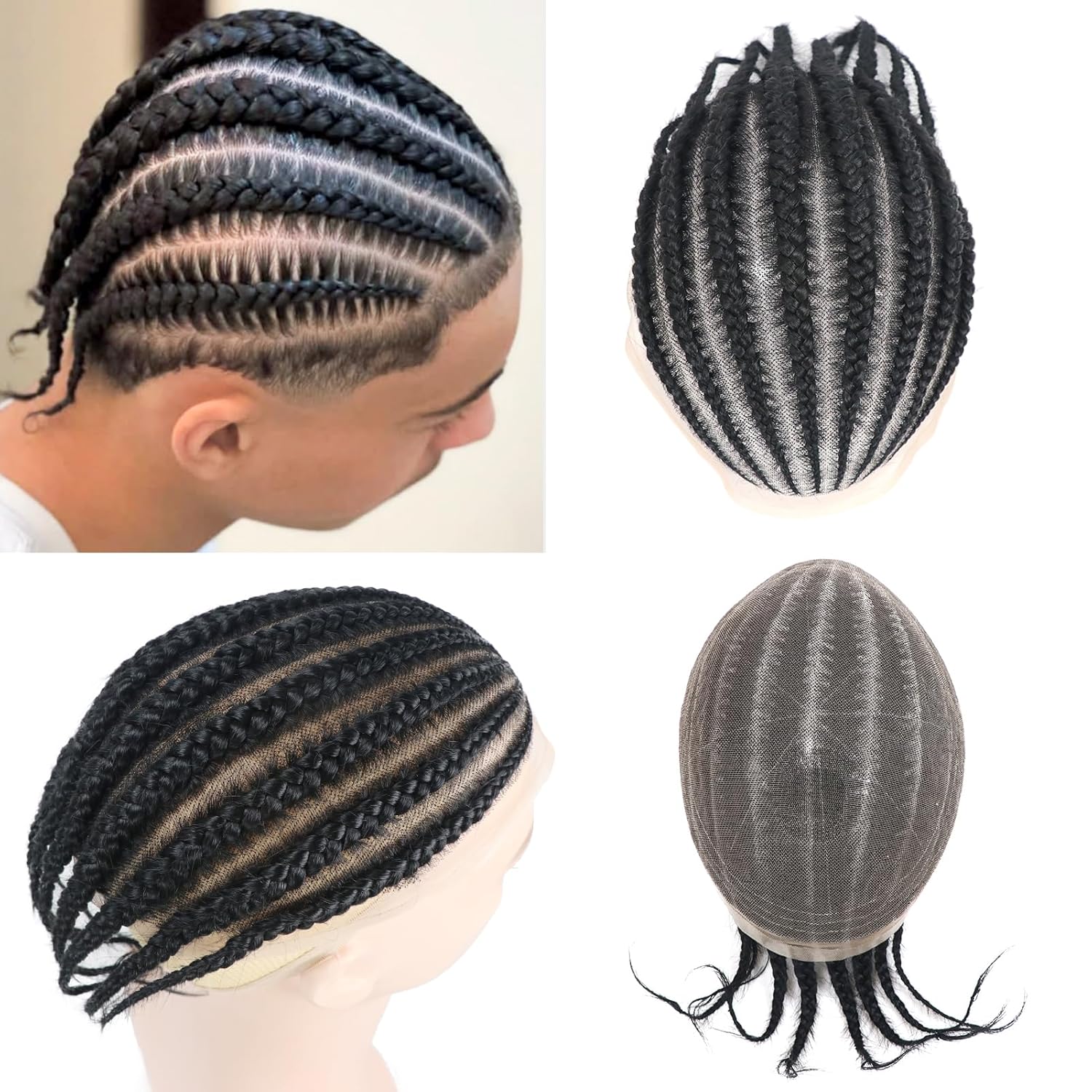 Cornrow Braids Afro Toupee Hair for Men 6” Real Human Hair HD Lace Hair Pieces 1# Black Male Braiding Mens Wigs Realistic Systems Afro Box Braided 4mm Tight Black Man Unit 8X10”