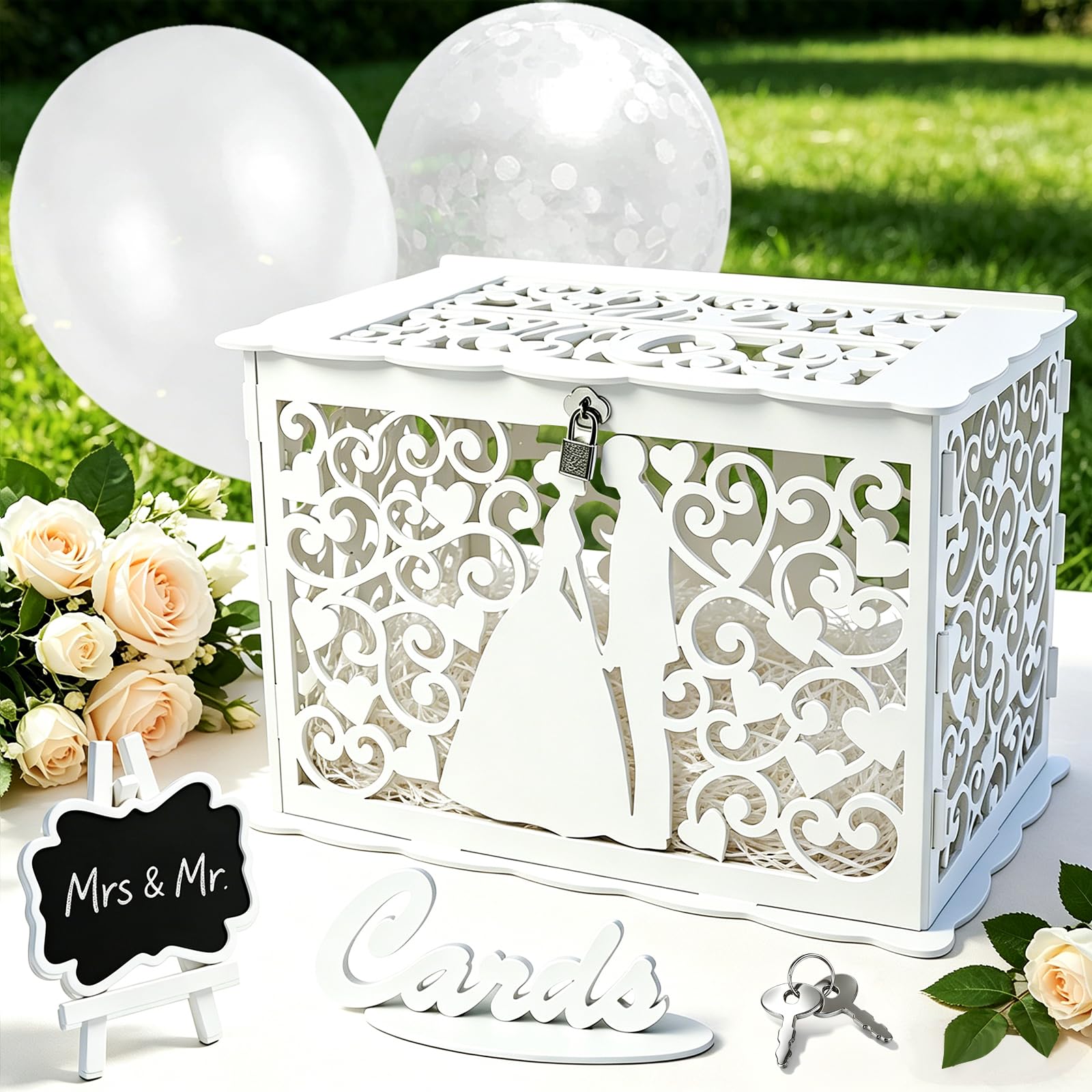 Ulikey Scatola Carte di Nozze, Porta Buste Matrimonio Legno, per Soldi con Serratura, Contenitore con Palloncini e Rafia, Decorazione (Stile 2)