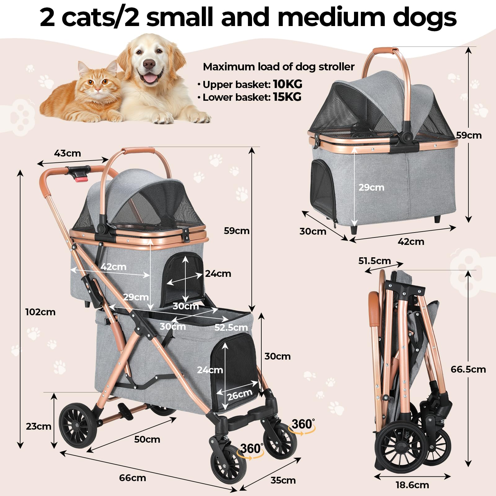 MAMIZO Passeggino Doppio Strato per Cani, Pieghevole Passeggino per Animali Domestici fino a 15 kg, Carrello per Cani con 4 PCS ruote, Passeggino Cane con Finestre a Rete e Portabevande, Grigio