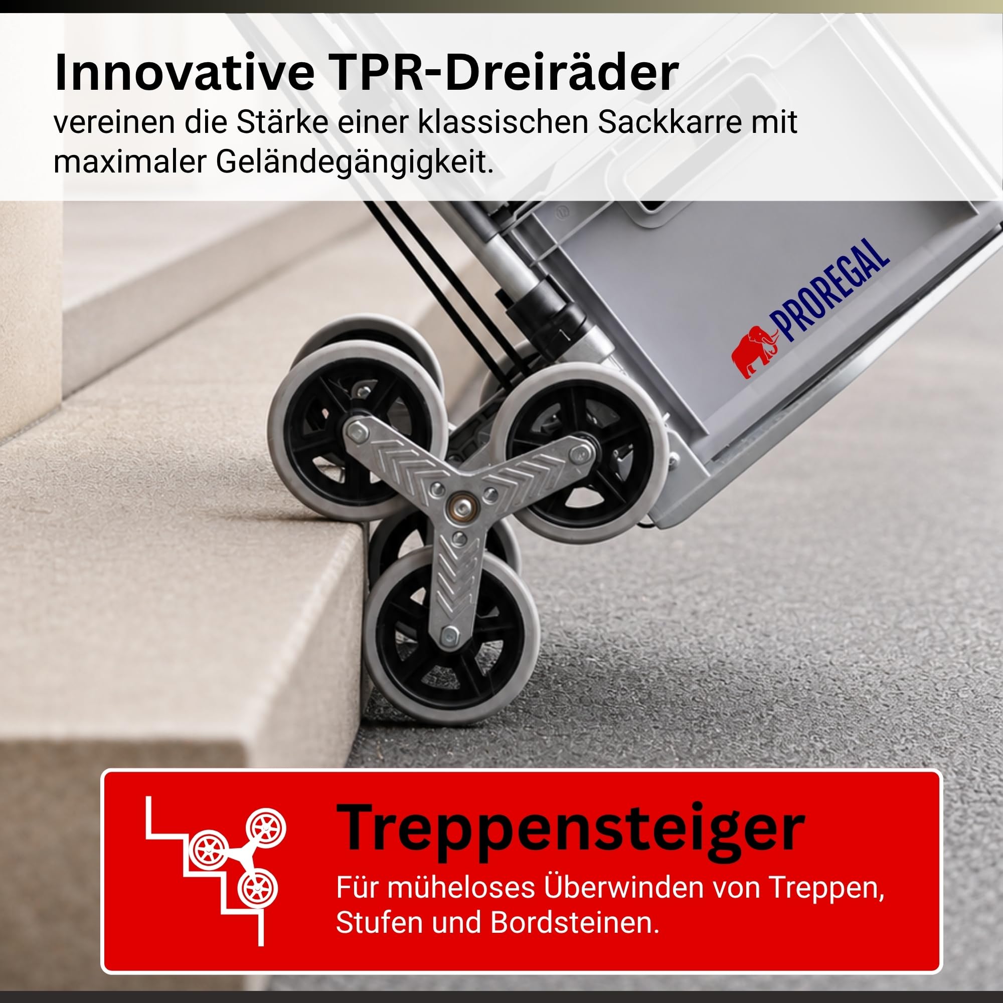 PROREGAL Klappbare Treppensackkarre Elephant | große Schaufel | Traglast 150kg | 6,8 kg leicht | Aluminium, Vollgummireifen Teleskopgriff 100 cm | Silber | Sackkarre Transportkarre für Treppen