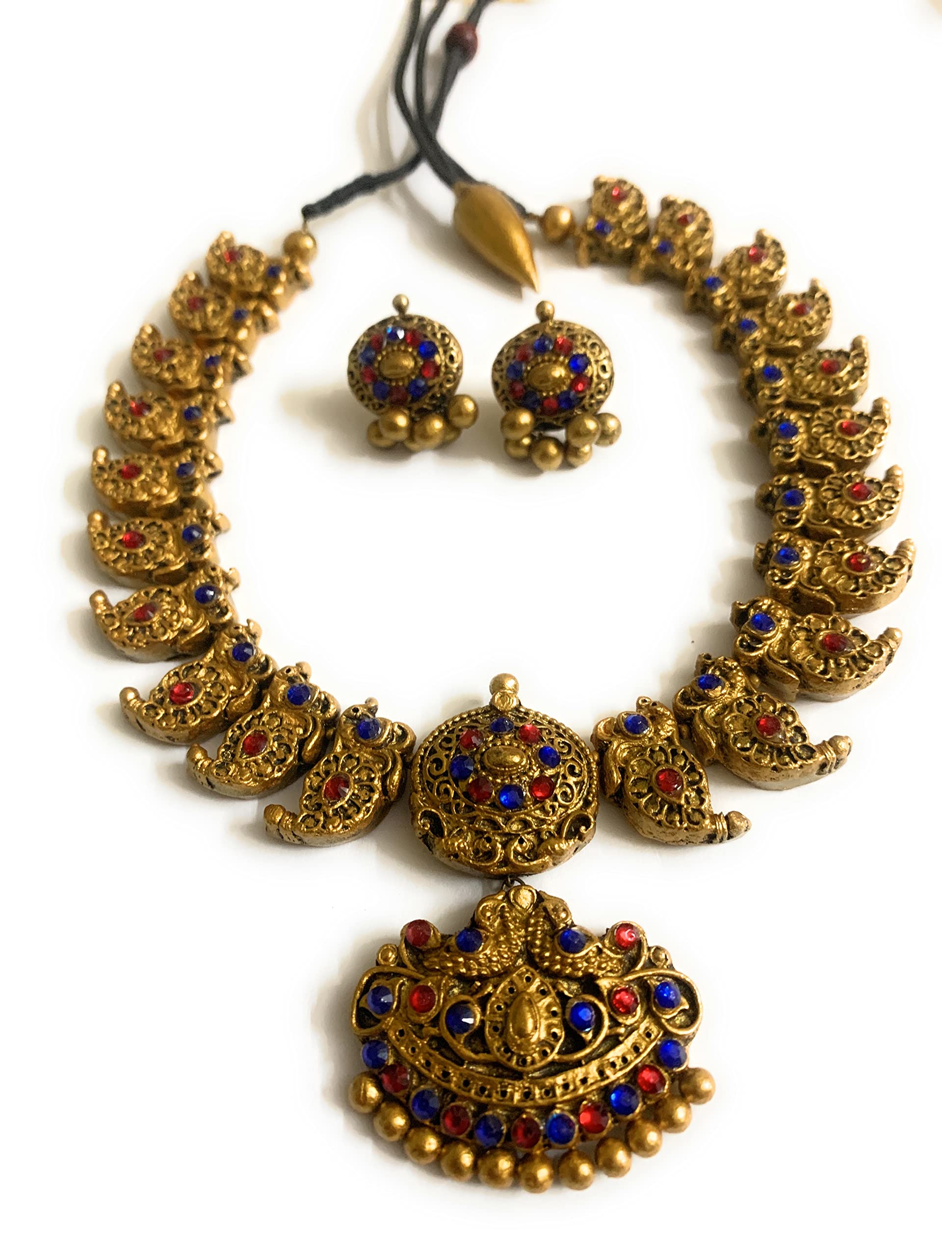 Sanaas Terracotta Jewellery Women Handmade Jewellery Mango Beads Neck-Set In Gold With Pink&Blue Stone Set (B09X1CM99W) Amazon Price History, Amazon Price Tracker