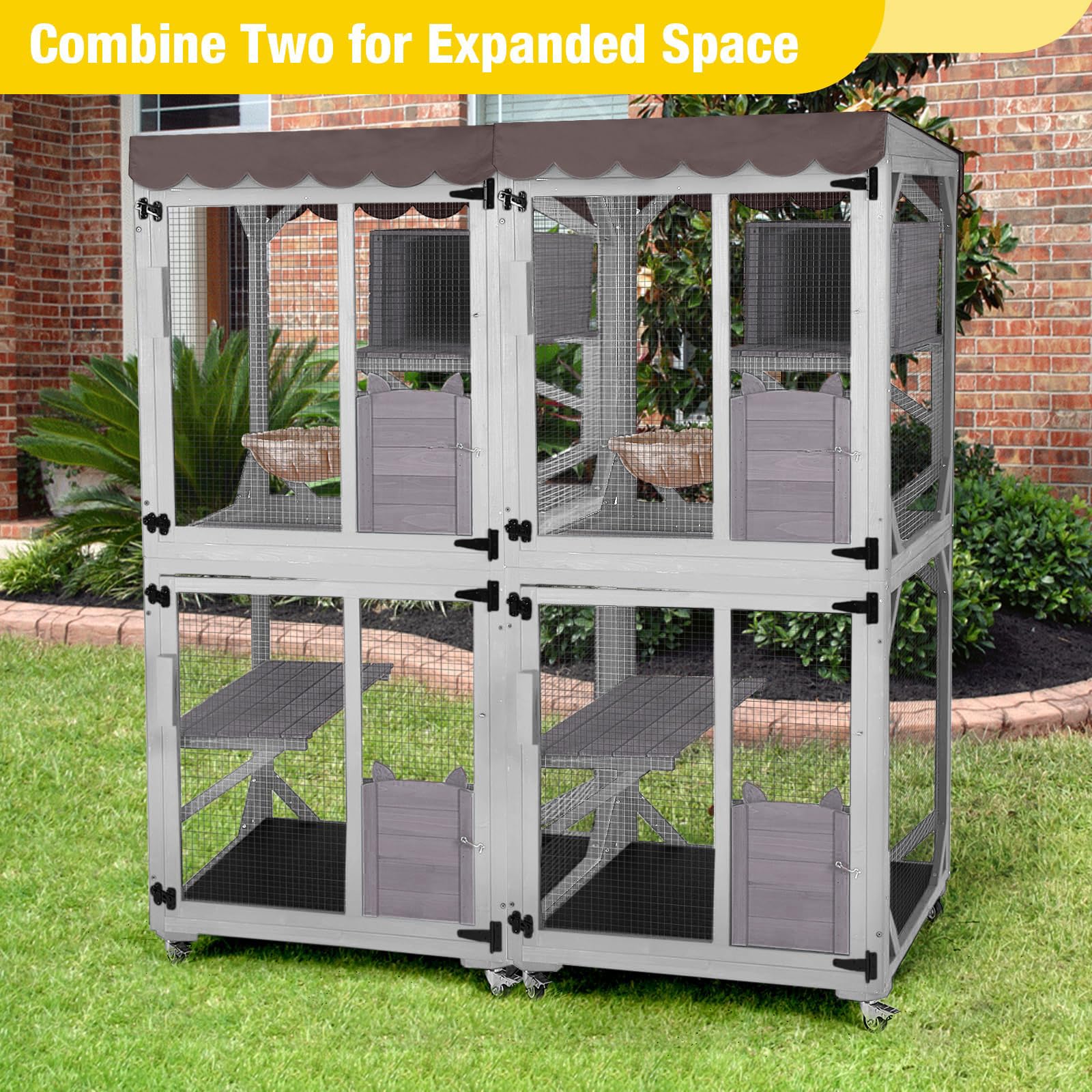 X-ZONE PET Catio Outdoor Cat Gehäuse auf Rädern Indoor Kitty Haus mit Katzenbett, Kratzbaum, springende Plattformen, wasserdichtes Dach (grau) 80CM/Lx80CM/Wx182.5CM/H