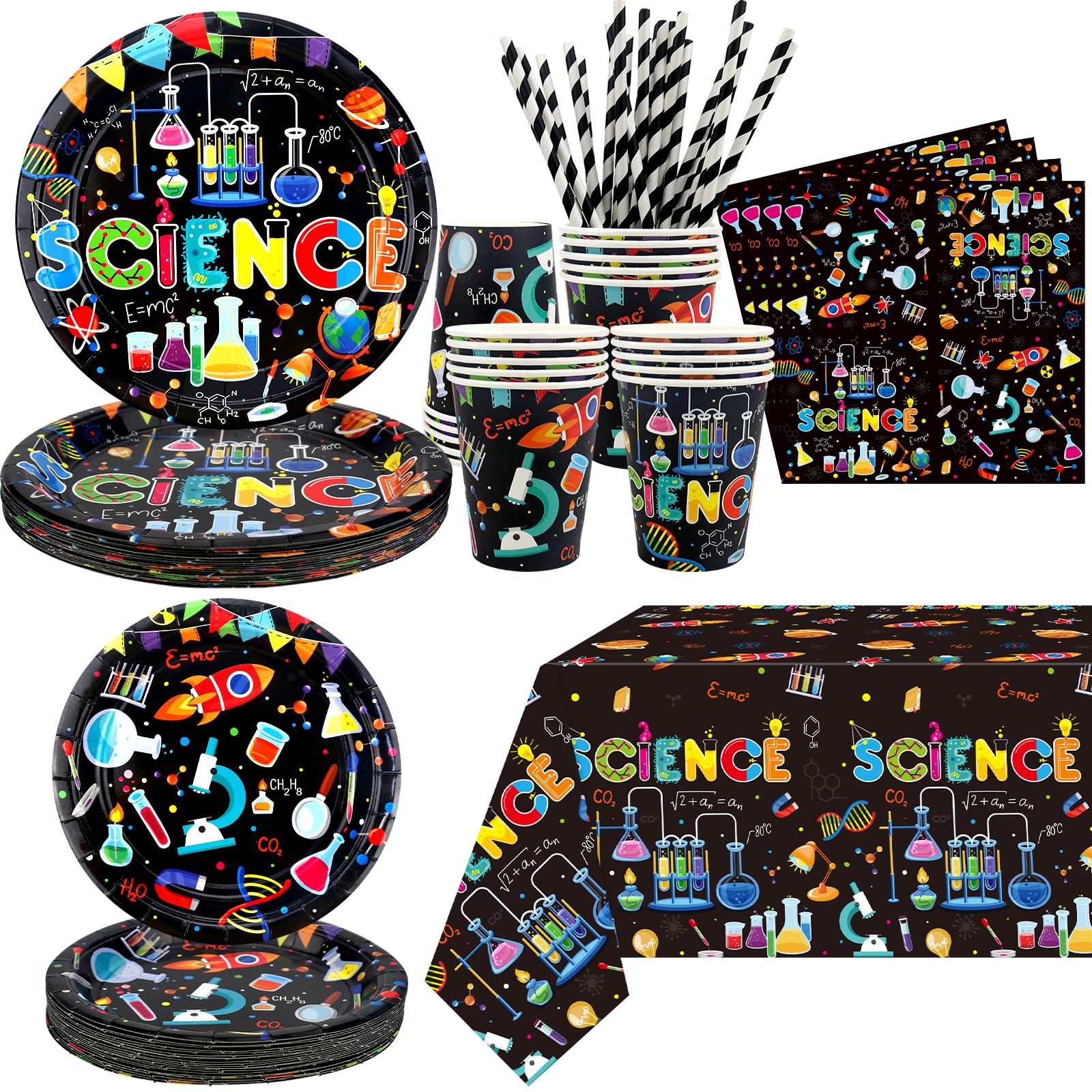 Science Party Supplies, Includes Plates, Tablecloth, Cups, Straws, for Boy Girl Scientist Lab Decoration Serves 20 Guests