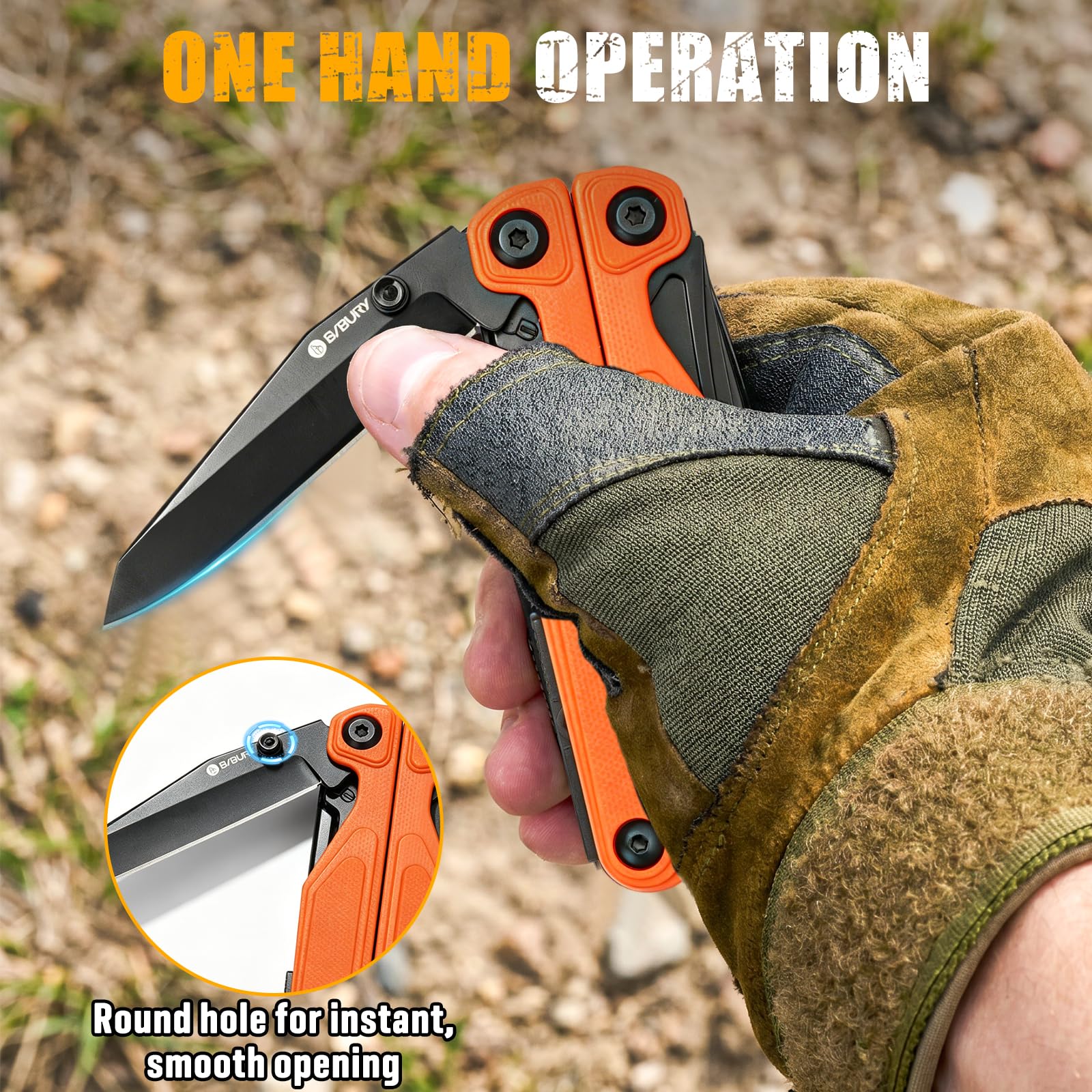 BIBURY Multiherramienta con Mango G10, Alicates Multiusos, Navaja Multiusos con Apertura con Una Mano, Tijeras y Puntas, EDC Multitool para Camping, Senderismo, Reparar y Regalo Hombre (Naranja)