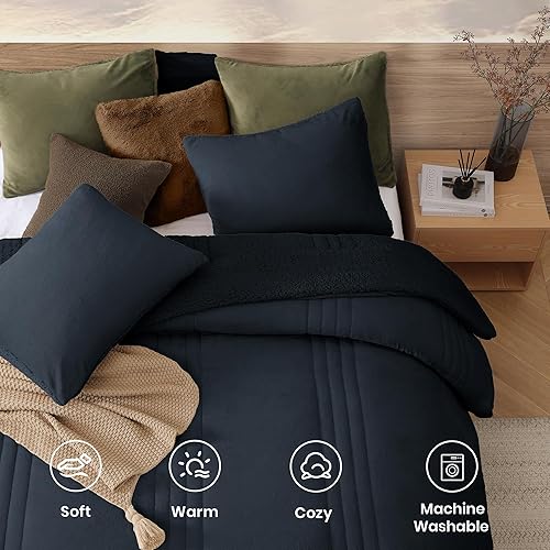 Miniatura 4 de Monbix Juego de edredón mullido tamaño Queen, color azul marino, edredón mullido de felpa Sherpa de 3 piezas para cama tamaño Queen, juego de ropa