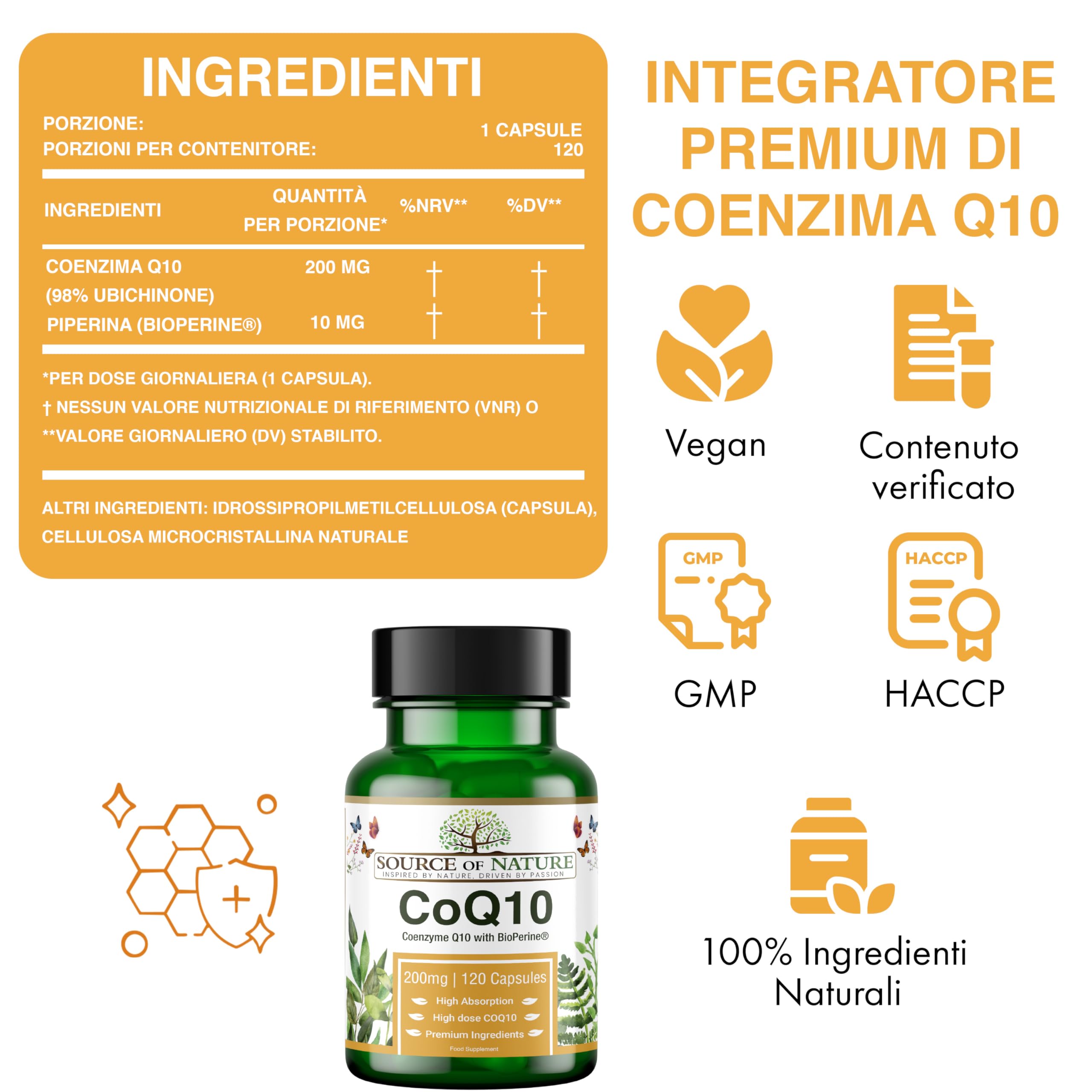 Source of Nature® Coenzima Q10 200mg - 120 Capsule Vegane (4 Mesi) | Ubichinone Bioidentico Fermentato Naturalmente | Alta Dose & 99% Puro | con BioPerine® Pepe Nero