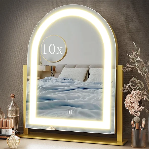 Gvnkvn Lighted Makeup Mirror, Hollywood Vanity Mirror with Lights, Three Color Lighting Modes, and Detachable 10X Magnification Mirror, Smart Touch Control, 360°Rotation (15.2in. Curved)