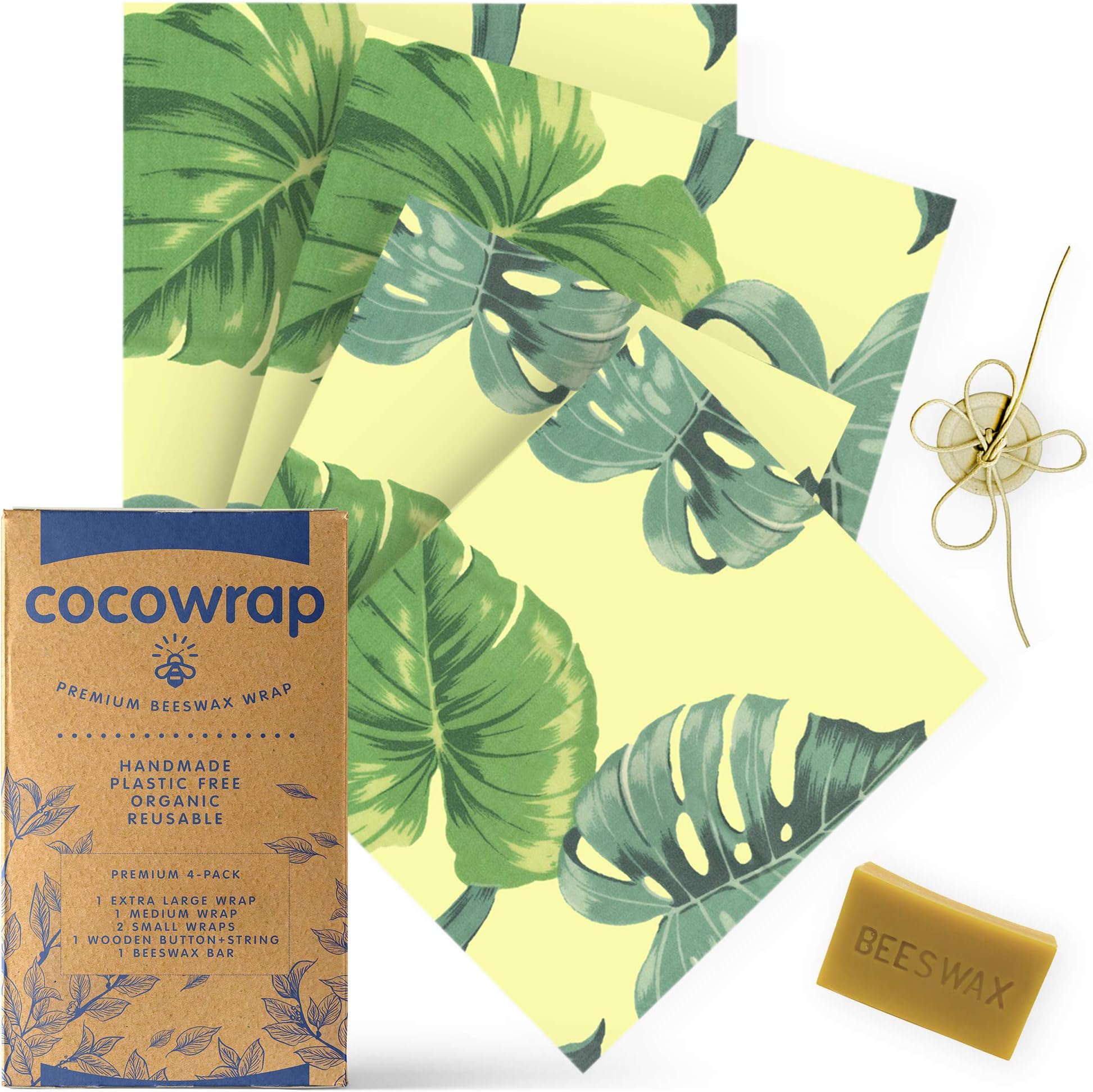 Beeswax Food Wraps 4 Set (2 Small, 1 Medium, 1 Large) | Includes Beeswax Bar & String Tie with Button | Zero Plastic Waste Food Grade Waterproof Wrapper Sheets for Produce