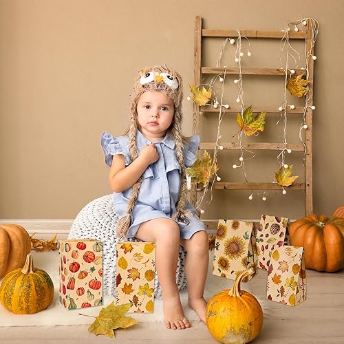 Miniatura 5 de Whaline 60 bolsas planas de Acción de Gracias, bolsas de papel de estraza para otoño, calabazas, hojas de arce, girasoles, nueces, bolsa de
