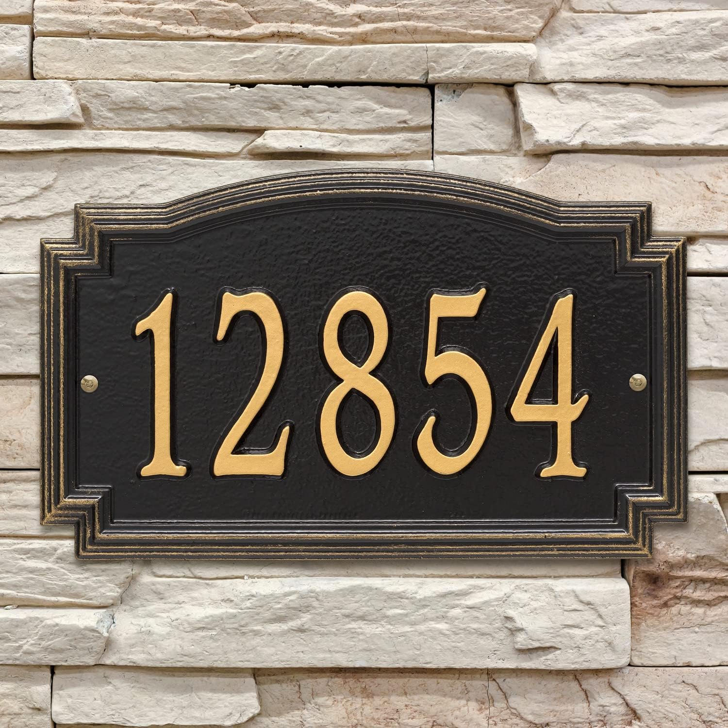 Whitehall Barcelos 3343BG Personalized Cast Metal Address Plaque Custom House Number Sign with One Line in Black and Gold 14" X 85