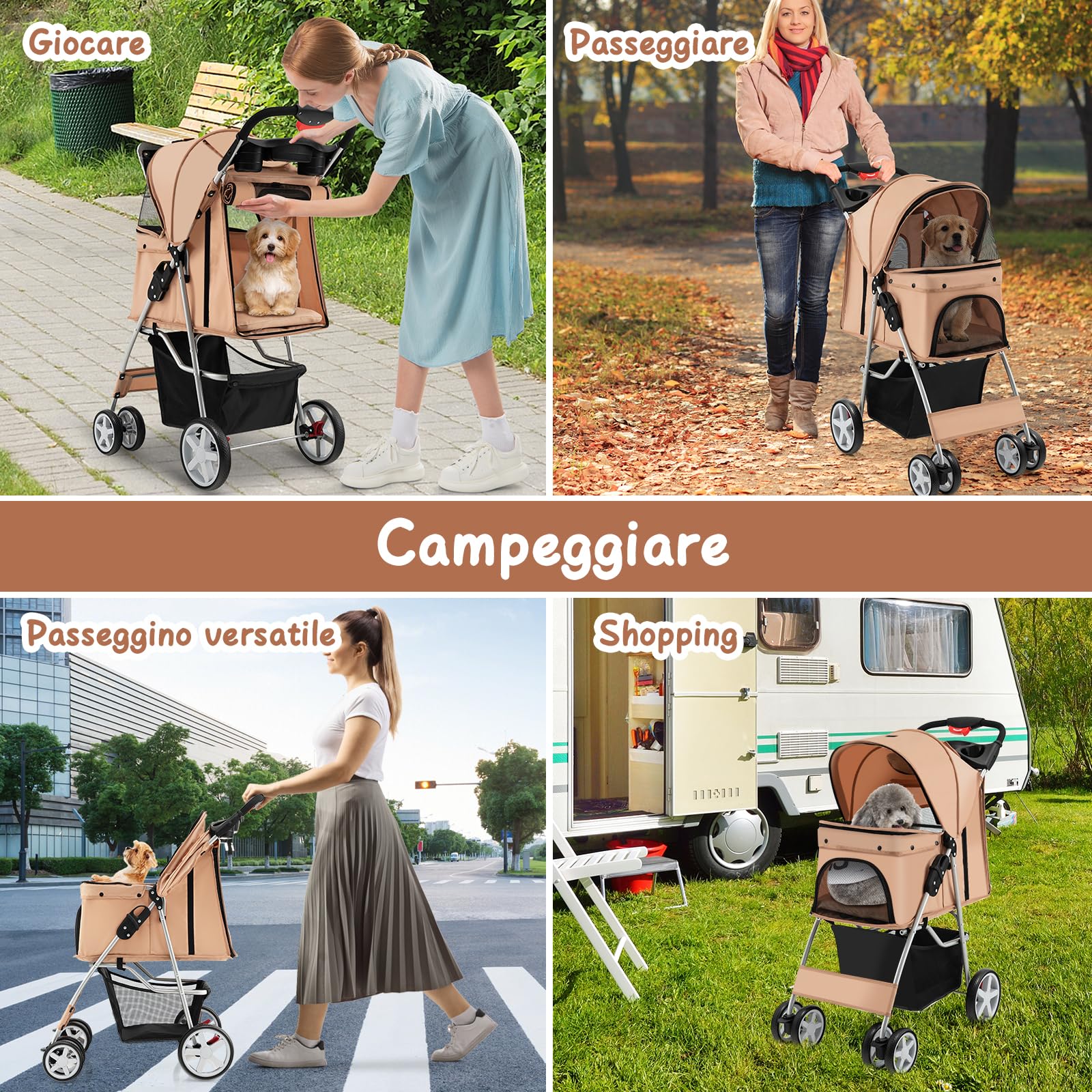GYMAX Passeggino per Cani Piccoli Pieghevole, Fino a 15 kg, Ruote 360° con Freni, Cuscino, Porta Doppio, Finestre, Cestino, Portabicchieri, Carrozzina Portatile (Beige)