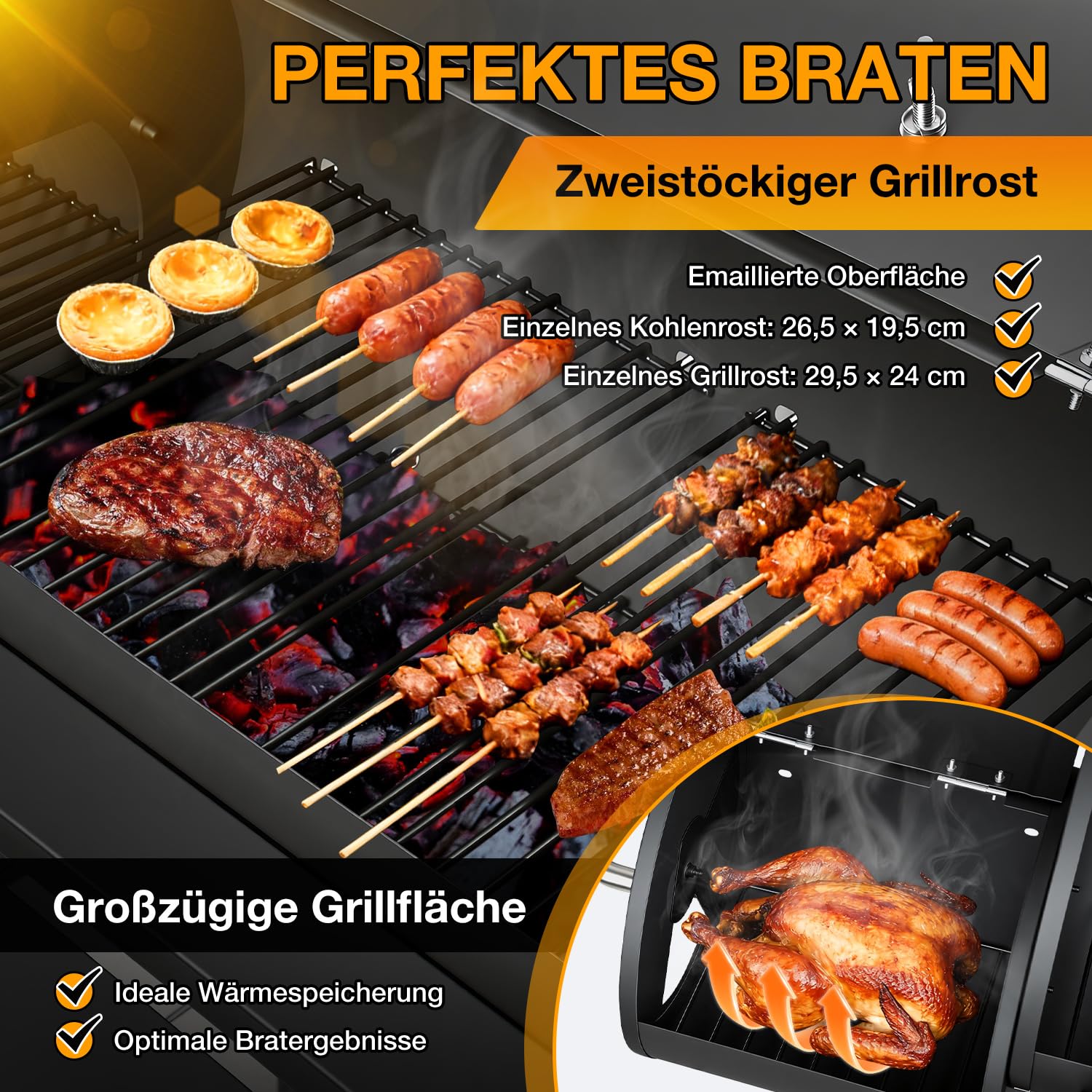 Grill na węgiel drzewny z 2 komorami do grillowania, termometrem i regulowanym kominkiem, na kółkach, półkami, do bezpośredniego grillowania, pośredniego gotowania, utrzymywania ciepła i
