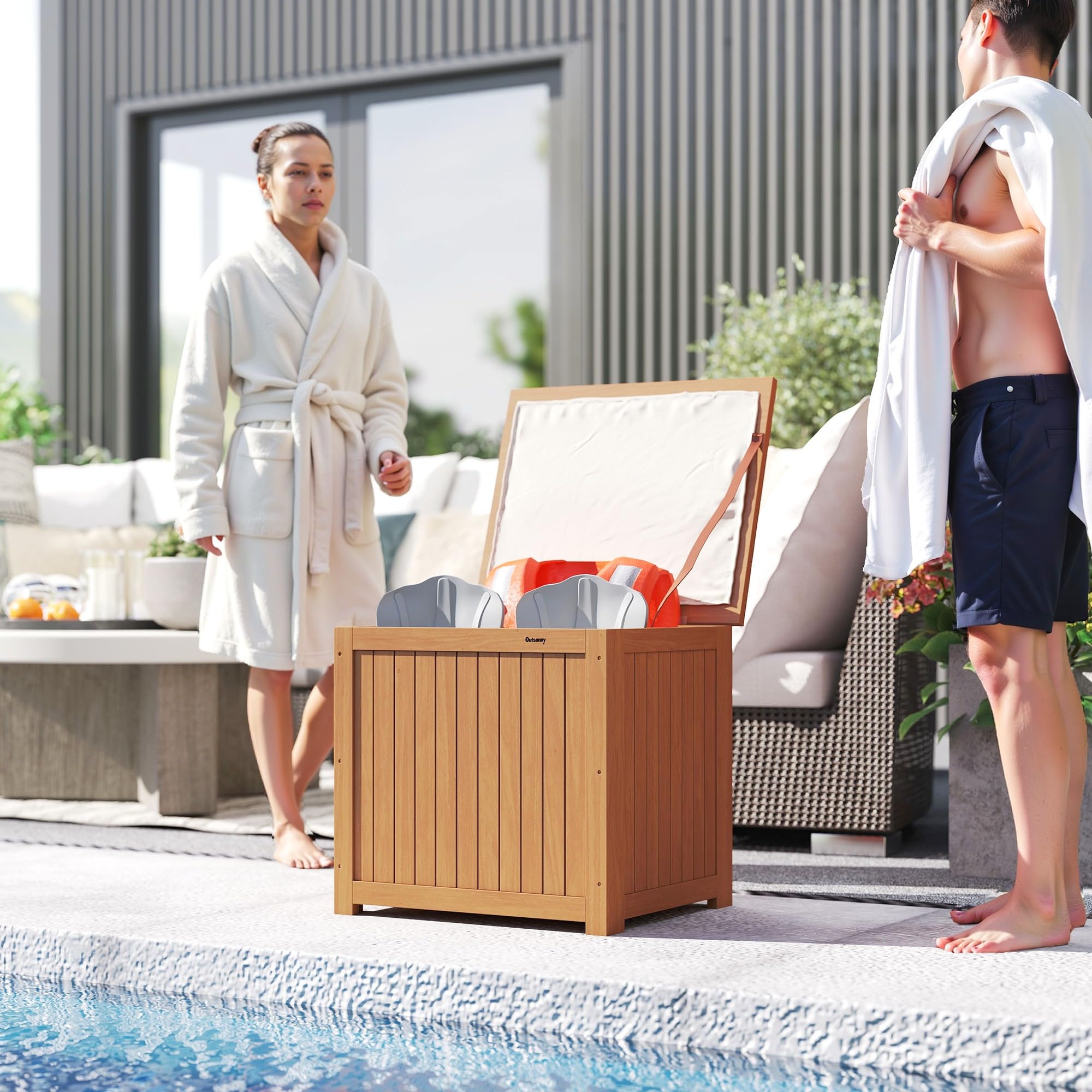 Outsunny Coffre de Rangement en Bois Massif 130L Balcon 63x51x58,5cm Brun