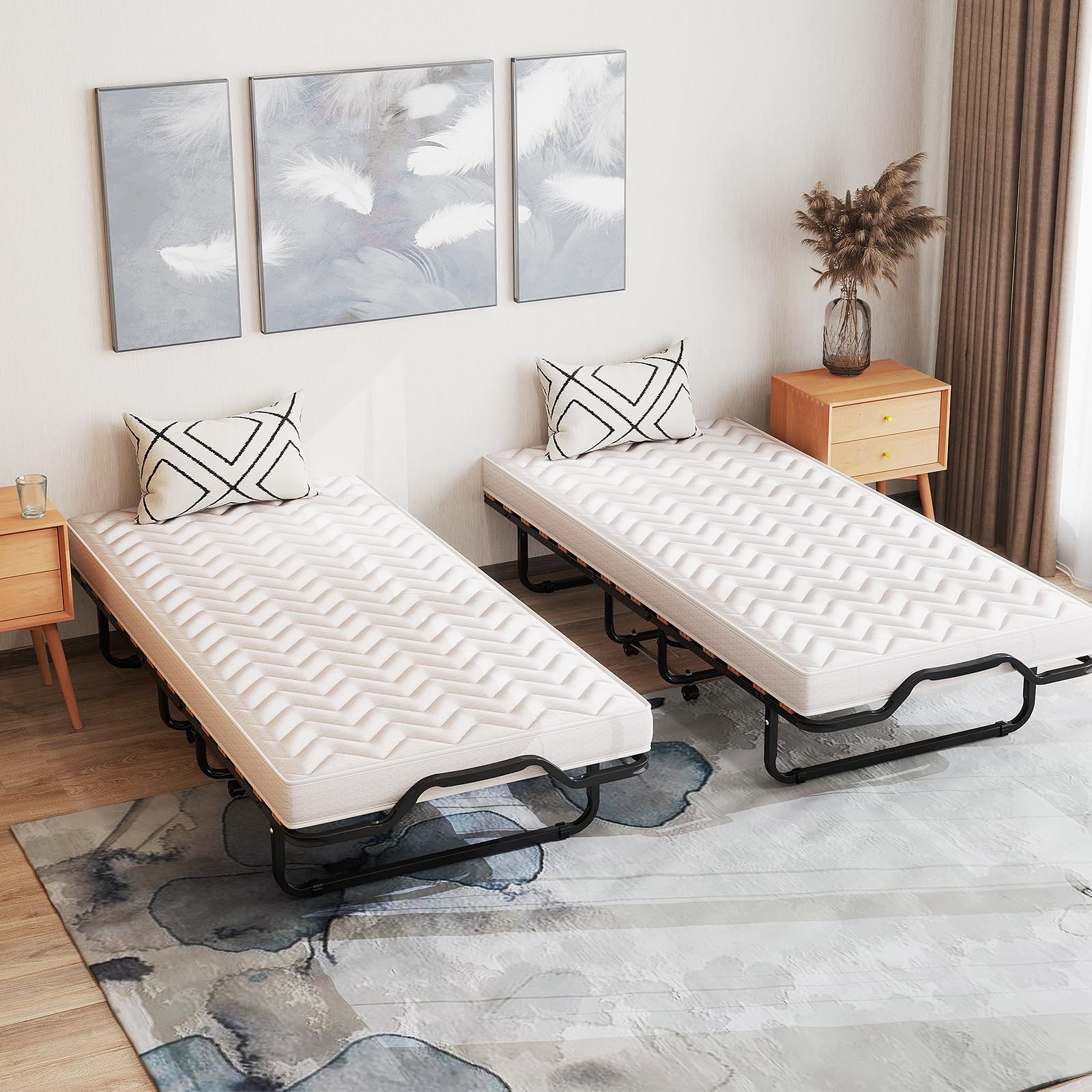 GIANTEX Letto Pieghevole 90x200 cm con Memory Foam, Lettino Pieghevole per Gli Ospiti con 4 Ruote, Sgabello e Bracci, Letto da Viaggio per Adulti, Doppia Sedia a Doghe, Nero e Beige, Made in Italy