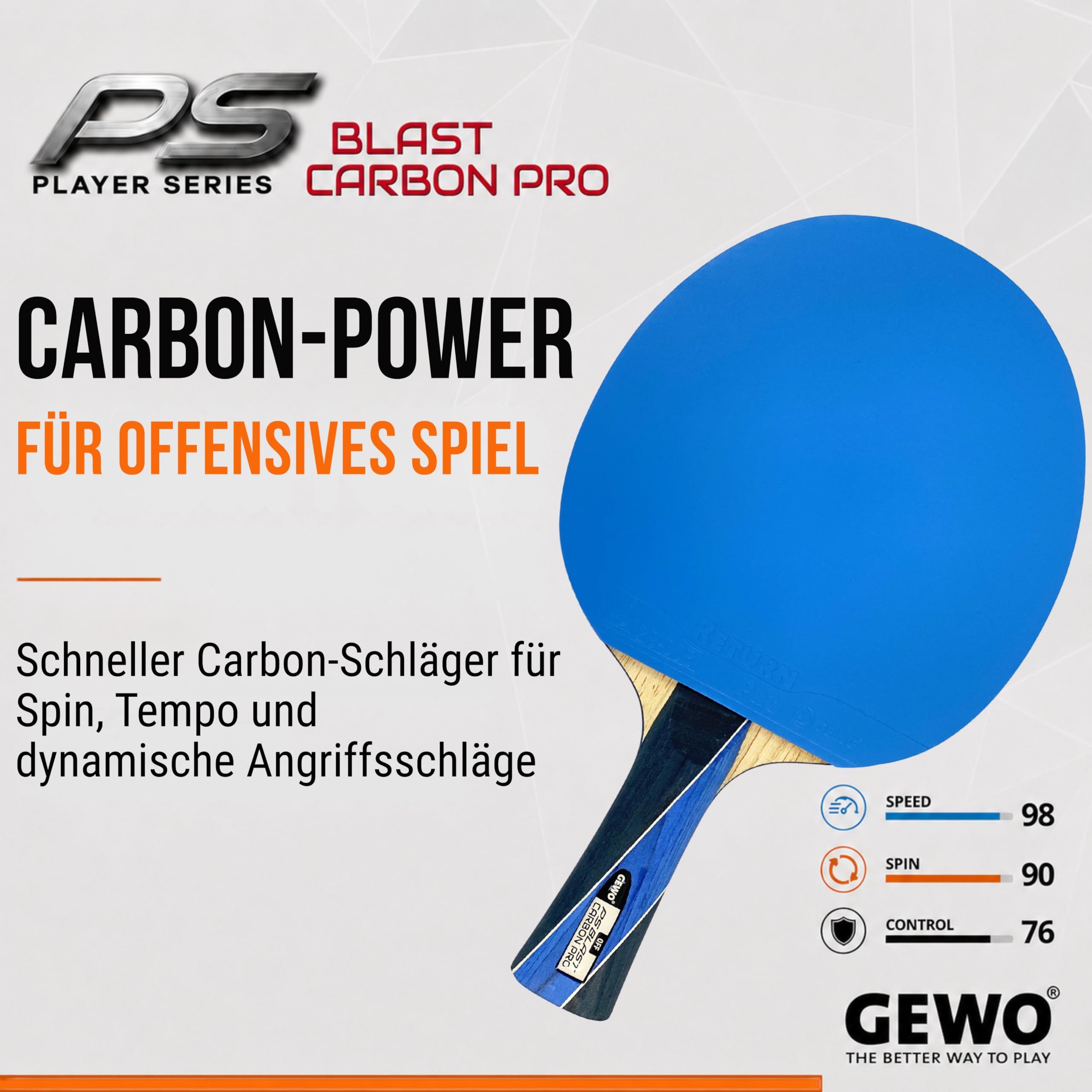 GEWO PS Blast Carbon Pro rakieta do tenisa stołowego, profesjonalna rakieta do tenisa stołowego z certyfikatem ITTF, rakieta karbonowa z szybką powłoką GEWO Return Pro o wysokich właściwościach
