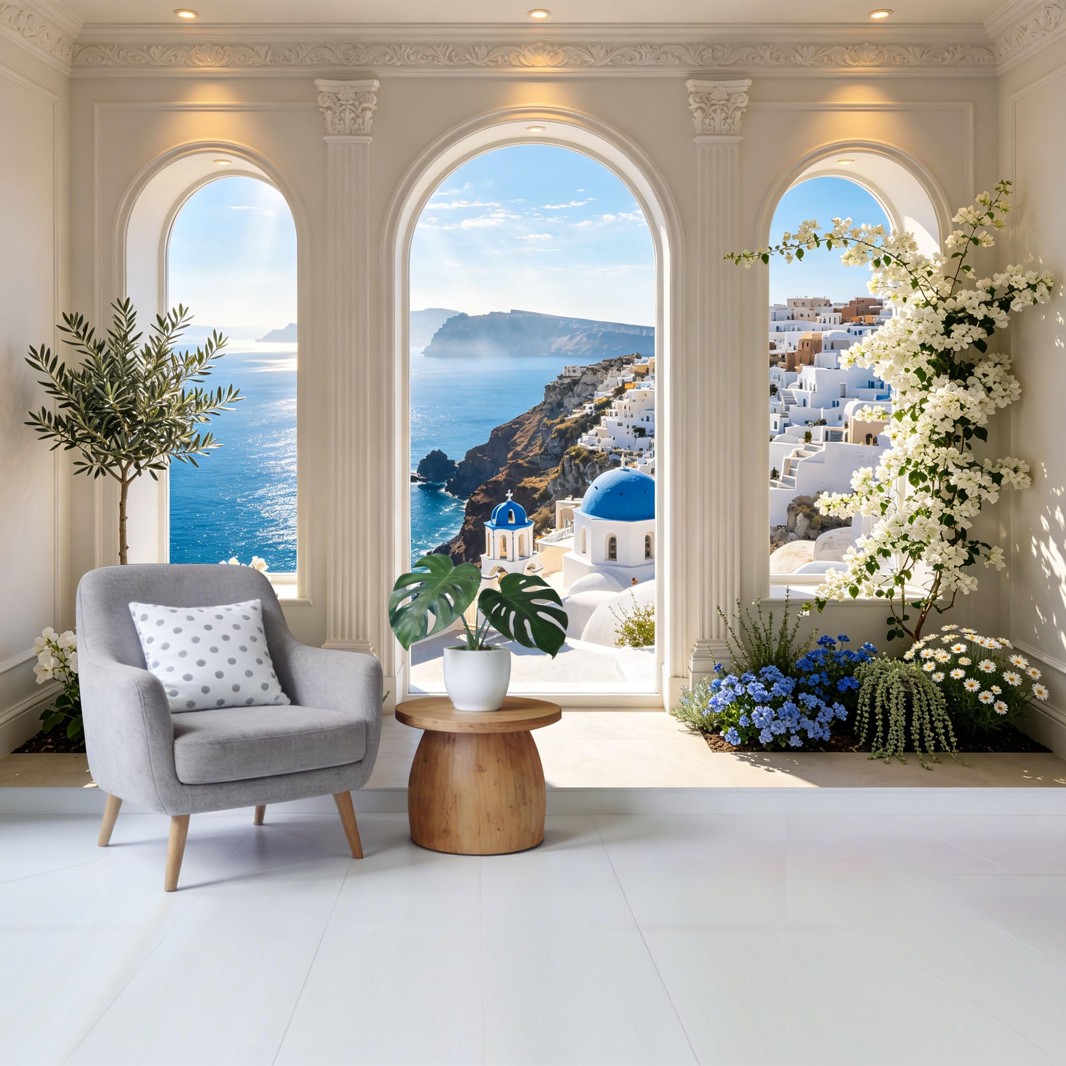 Removable Self Adhesive Fabric Mural， Mediterranean Coastal Landscape Custom Size Wall Covering， UV Protected Waterproof Washable Wall Decor for Living Room Bedroom Bathroom