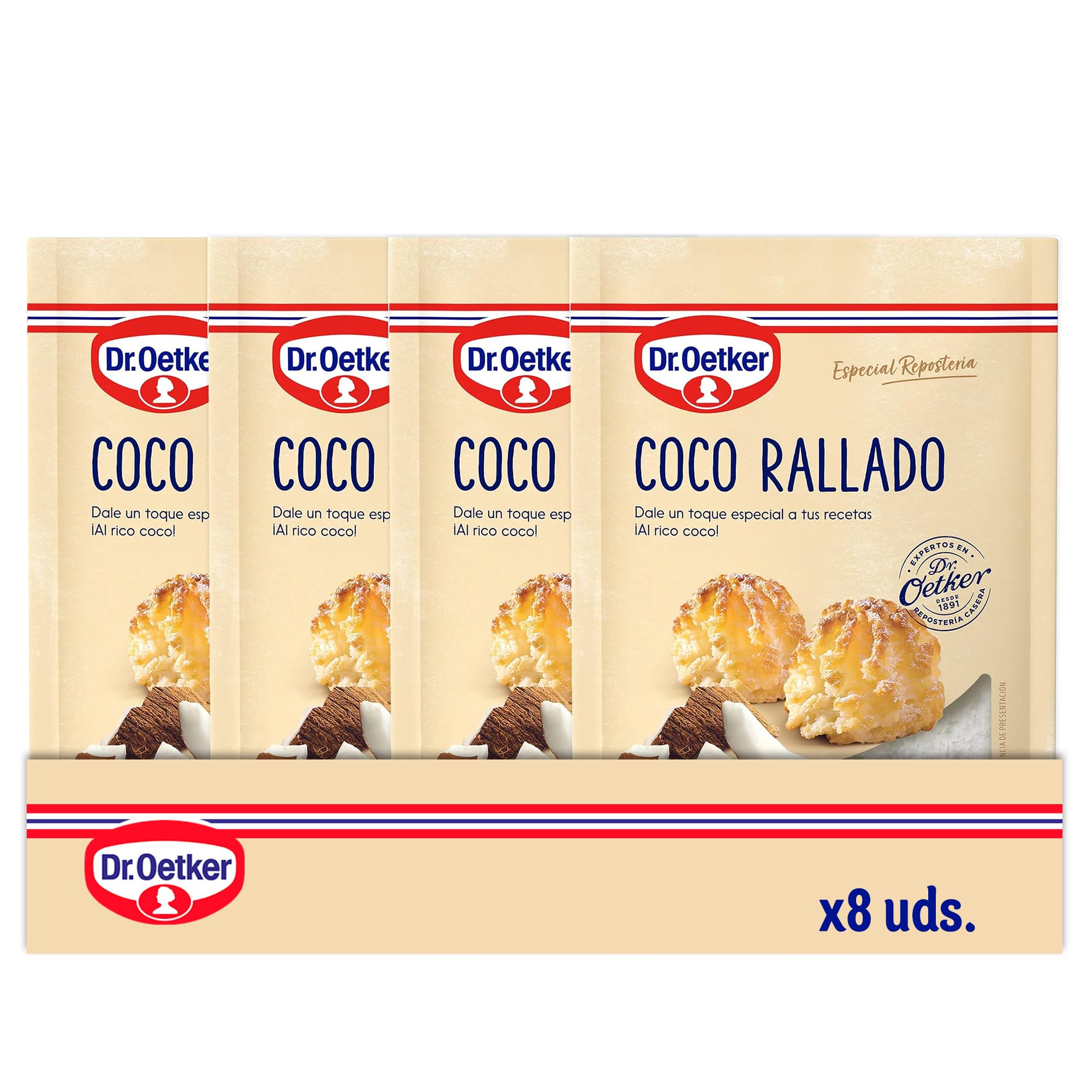 DR. OETKER - Coco Rallado para Repostería Pack 8 Uds x 125 g, Sin Azúcar y Origen Natural, Aroma y Sabor Intensos, Cierre Hermético, Resultados Profesionales