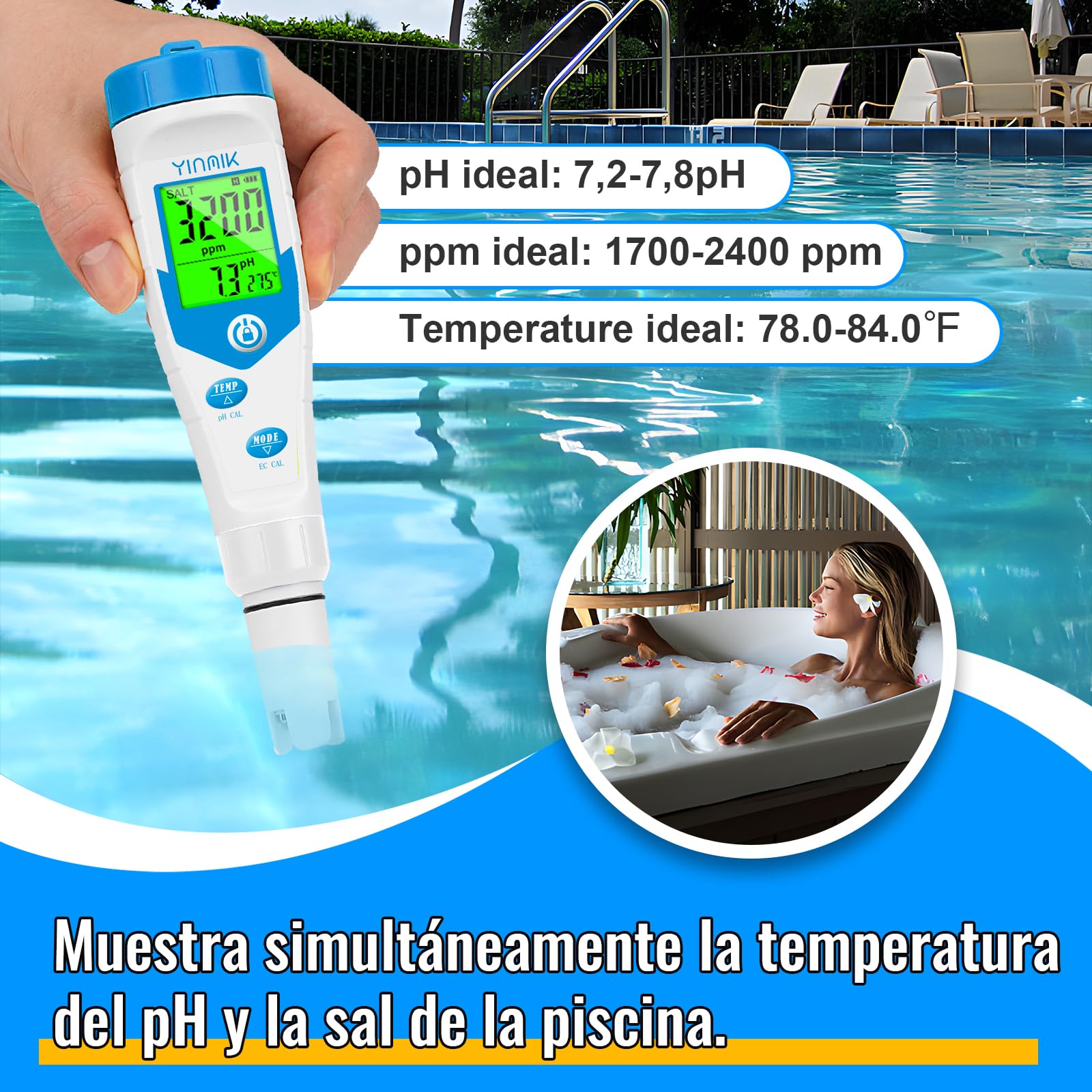 YINMIK Piscinas Medidor de Salinidad Digital 5 en 1 | Medidor de pH TDS EC Sal con Solución Calibración pH Visualización Simultánea de Sal y pH para Piscina Acuarios Hidroponía