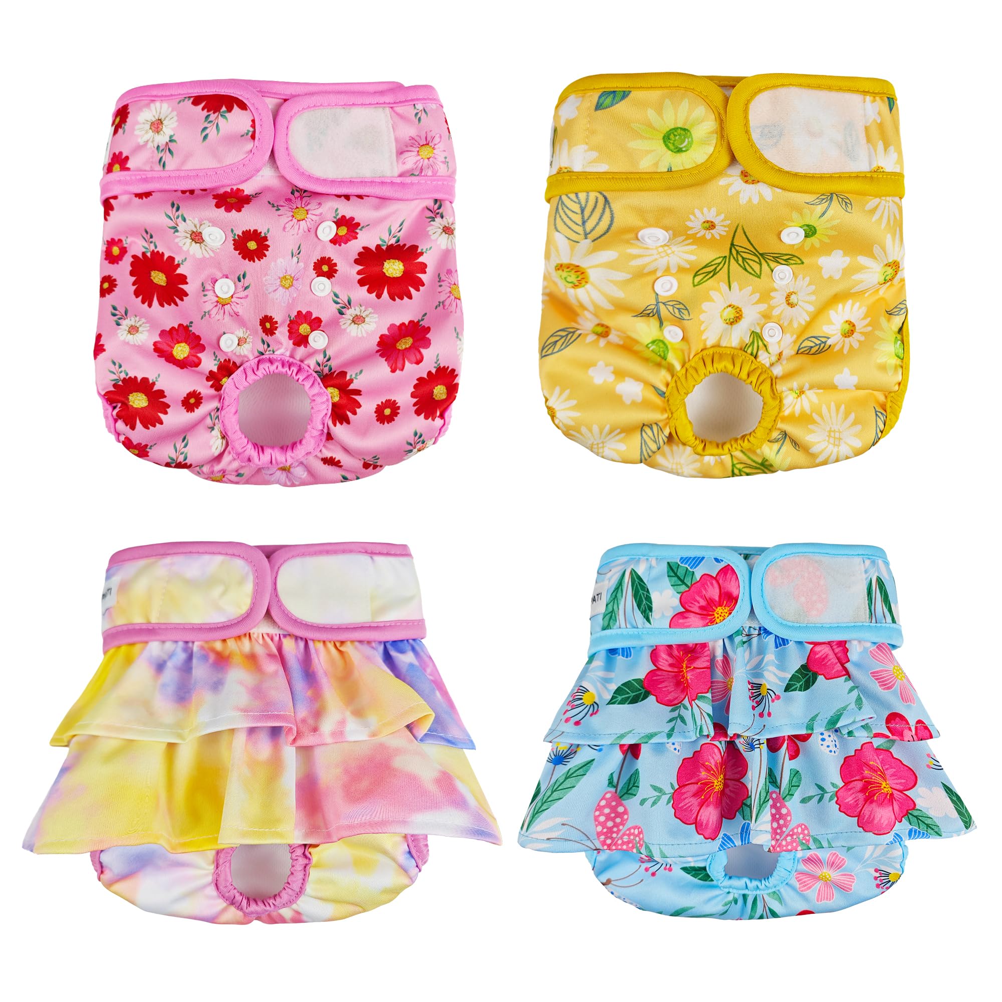 YOSEPATI 4 Pack Washable Reusable Premium Female Dog Diapers, Period - Highly Absorbent Panties Female for Doggie & Puppy in Heat, Incontinence and Training, Adjustable Size Doggy Diaper (L)