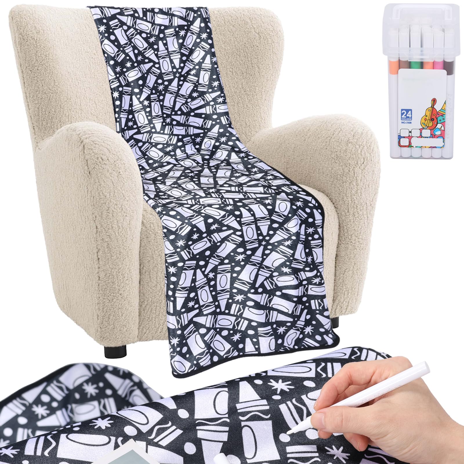 DIY Coloring Blanket with 24 Color Markers, 150×125cm Washable Color Your Own Throw Blanket for Kids and Adults Soft Cozy Fleece Art Project Creative Home Bedroom Decor and Family Activity(crayon)